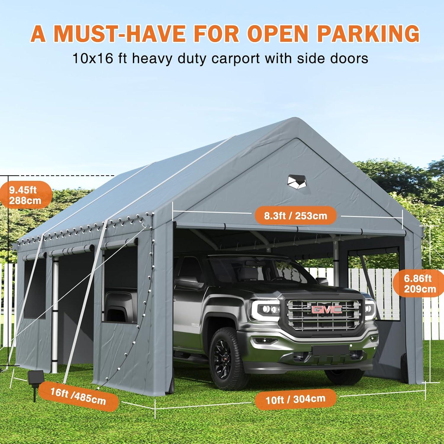 Carports 10X16 Heavy Duty，Portable Car Port Garage，Carport Canopy with Side Doors，Outdoor Car Shelter All Weather