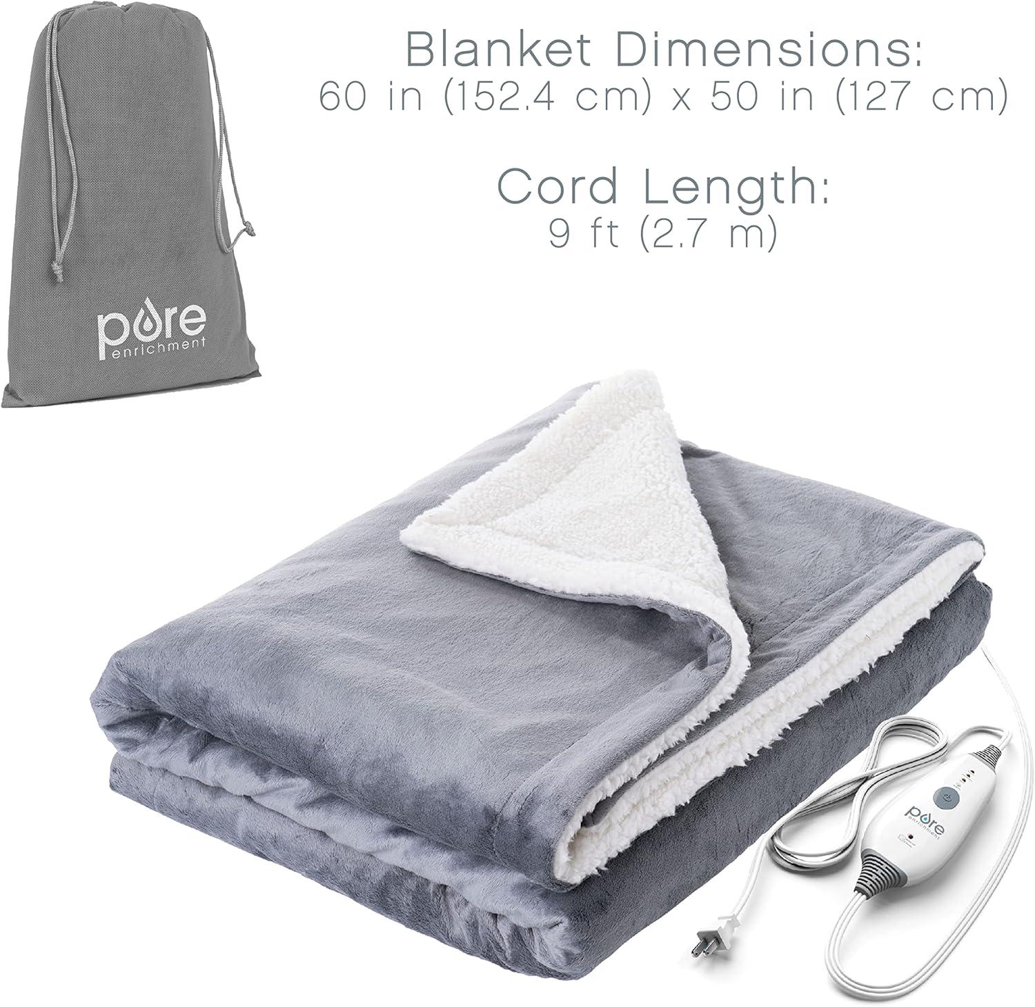 Pure Enrichment PureRelief Plush Heated Throw (50” x 60”) - 4 InstaHeat Settings, Soft Micromink & Sherpa Fabric, Machine Washable with Storage Bag - Cozy Electric Blanket for Couch or Bed Use