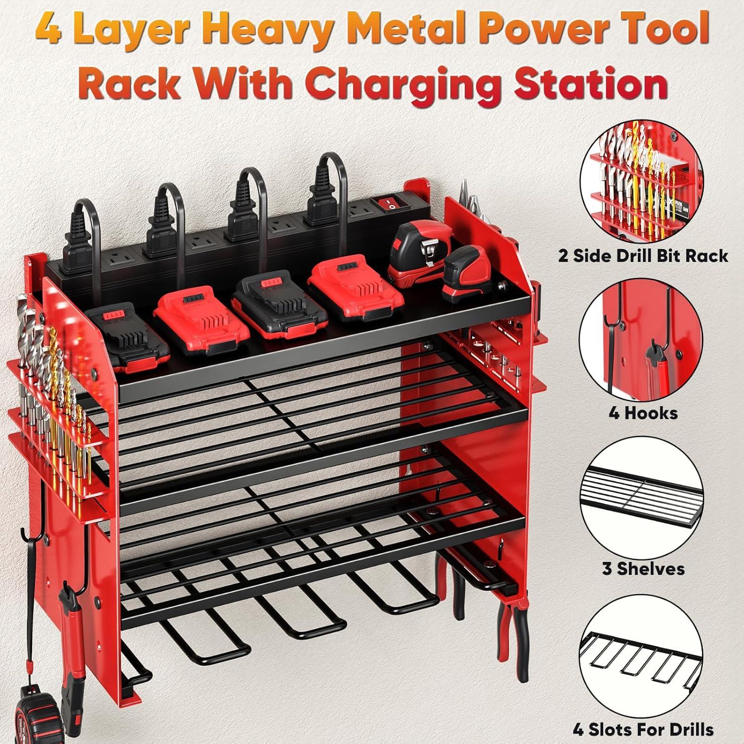 Heavy-Duty Red Metal Power Tool Organizer with Charging Station