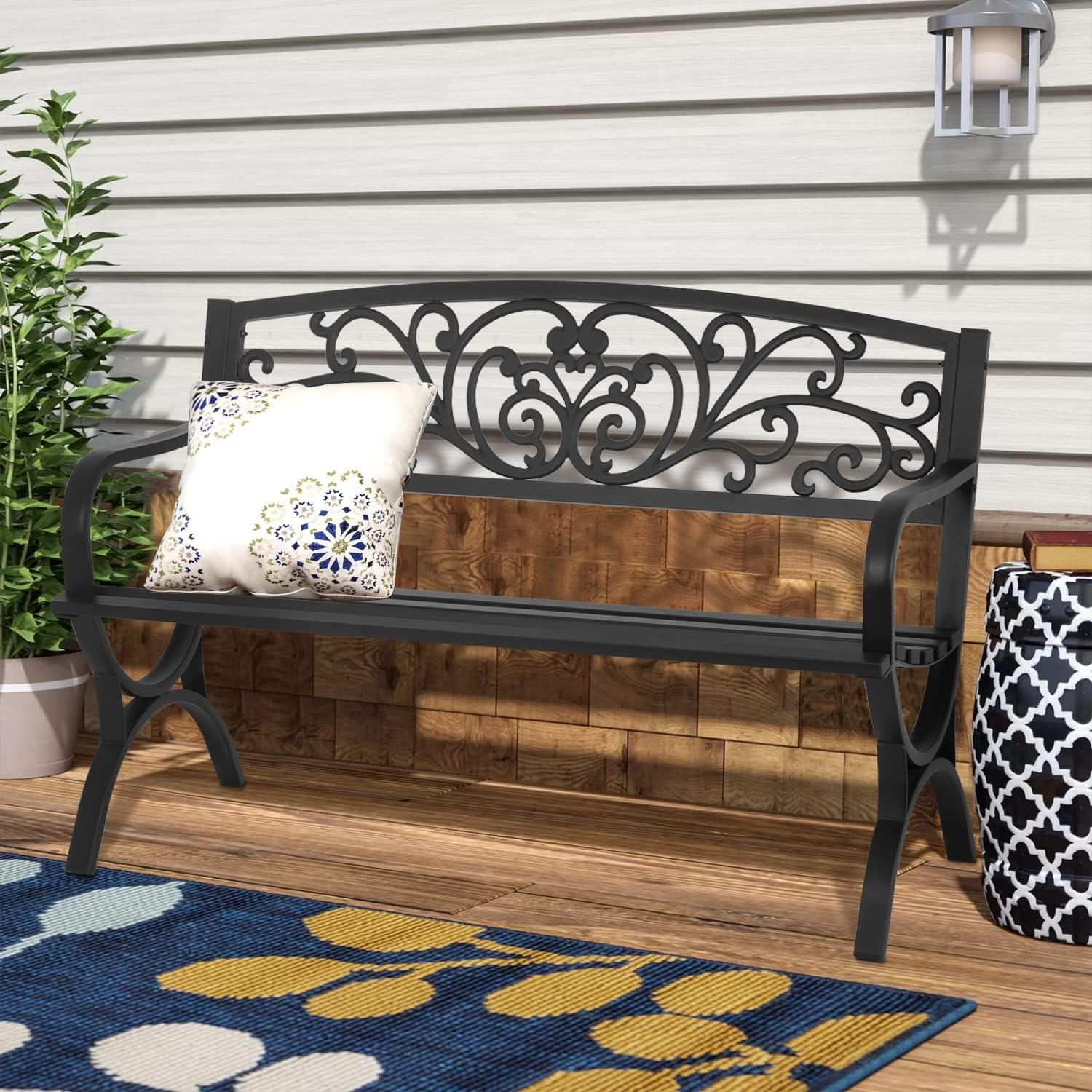 Patio Garden Bench 50 inch Outdoor Metal Loveseat Chairs with Armrests Slatted Seat and w/Floral Design Backrest for Park, Yard, Porch, Lawn, Balcony, Backyard, Black