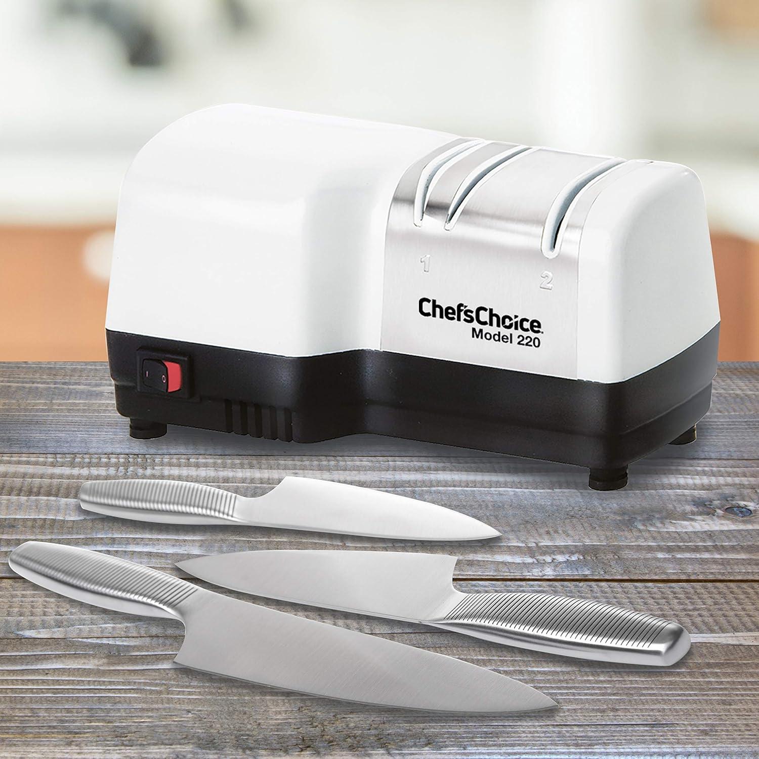 Chef'sChoice 220 Hybrid Diamond Hone 2-Stage Knife Sharpener uses Diamond Abrasives and Combines Electric and Manual Sharpening Sharpens Straight and Serrated Knives