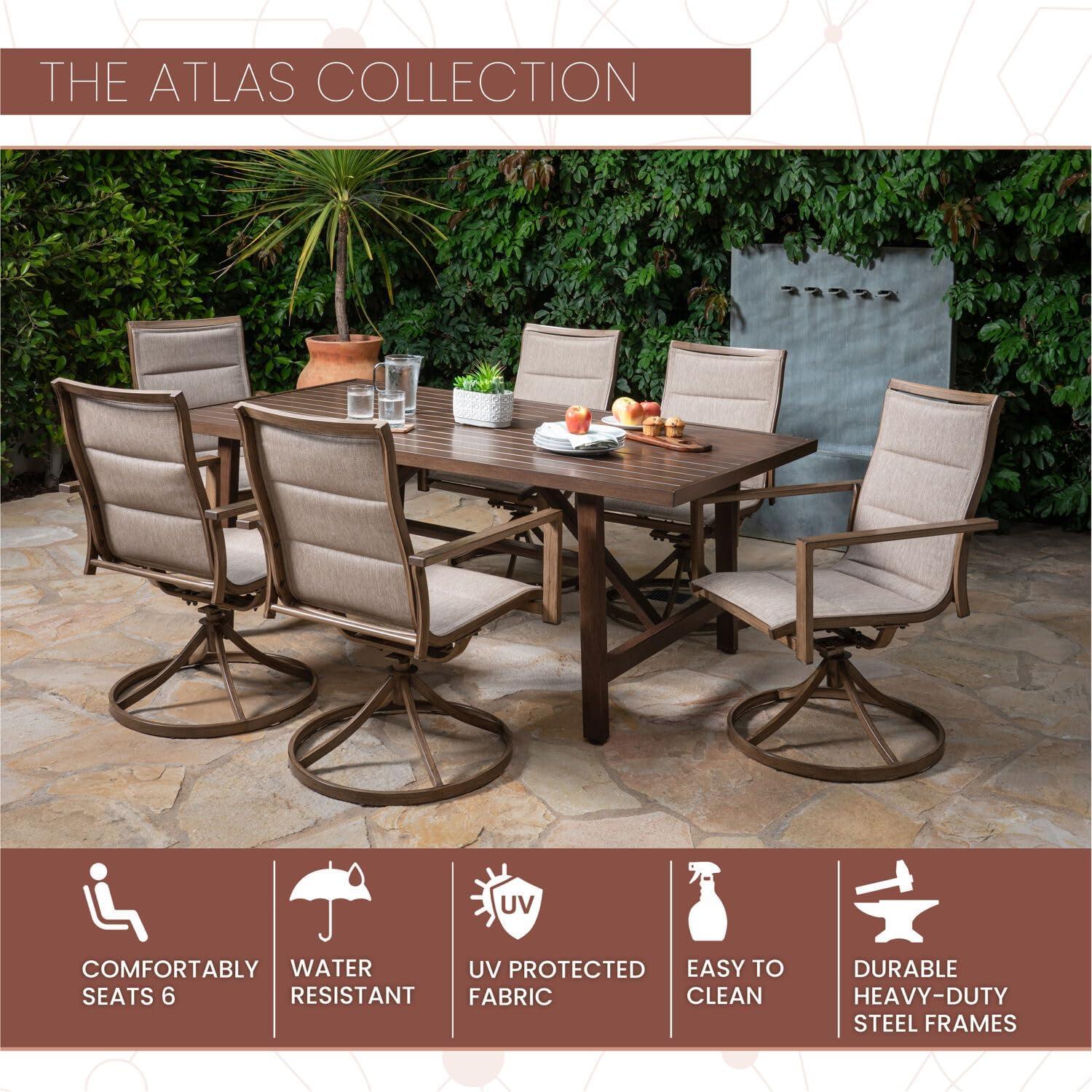 Mod Furniture Atlas 7-Piece Modern Outdoor Dining Set with 6 Swivel Padded Sling Chairs and Trestle Style Table, ATLASDN7PCSW6-TAN