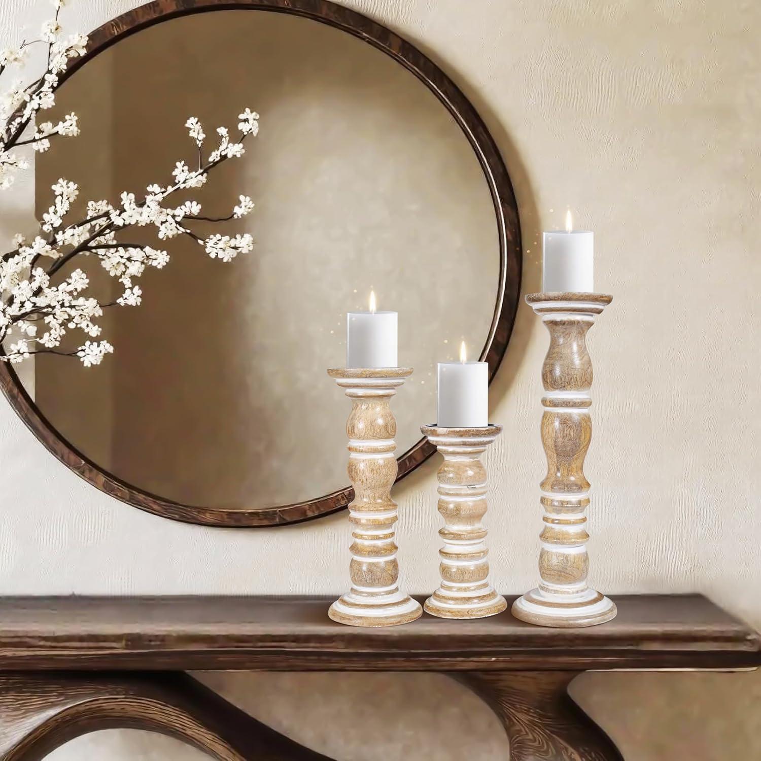 DecMode Traditional and Timeless Mango Wood Pillar Candle Holder Set of 3, 6", 8", 10"H, Cream Finish