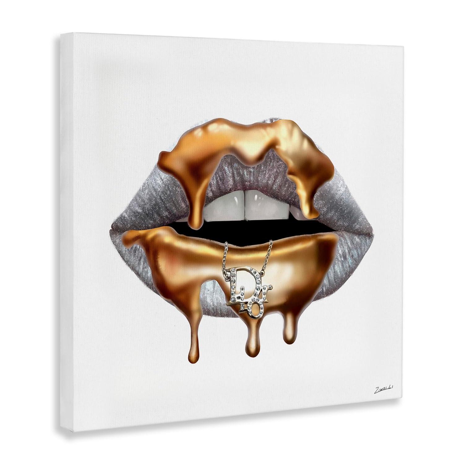 Stupell Industries Glam Silver Lip Portrait Fashion With Gold Drip Designed by Ziwei Li