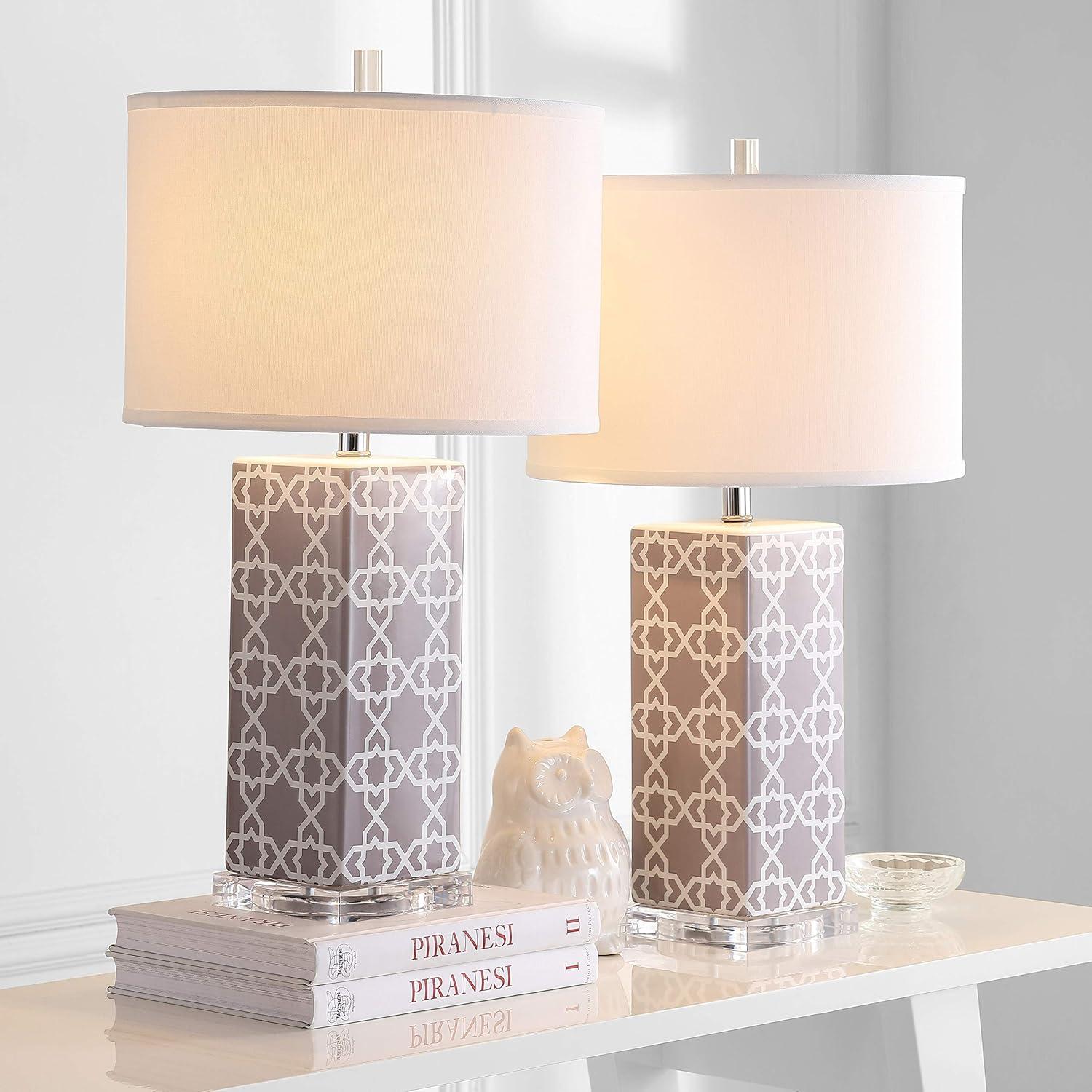 Quatrefoil Grey and White Ceramic Table Lamp Set with Cotton Shade