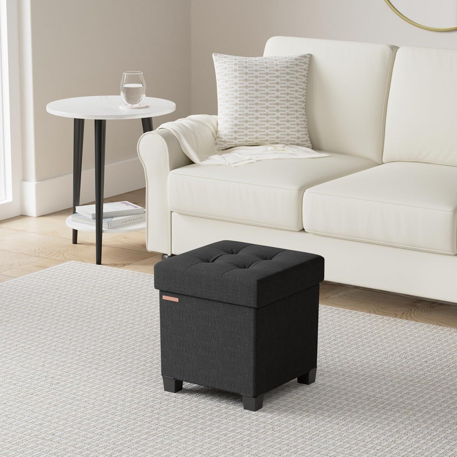 15" Black Linen Storage Ottoman with Plastic Feet