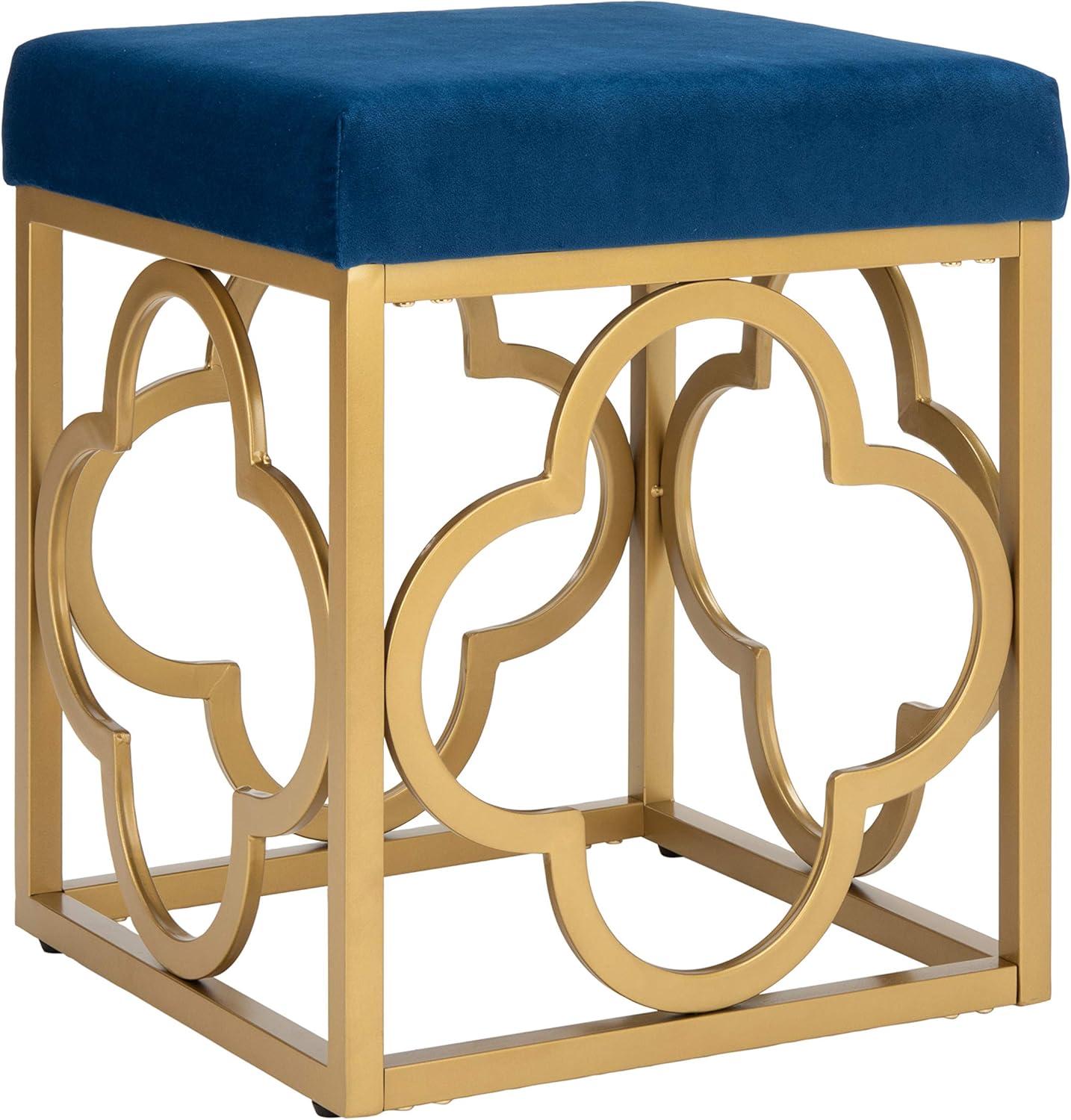 Elegant Navy Velvet Square Ottoman with Gold Quatrefoil Base