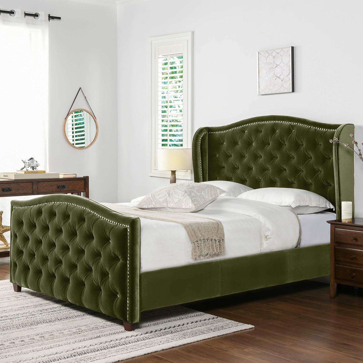 Jennifer Taylor Home Marcella Tufted Wingback Queen Bed Olive Green