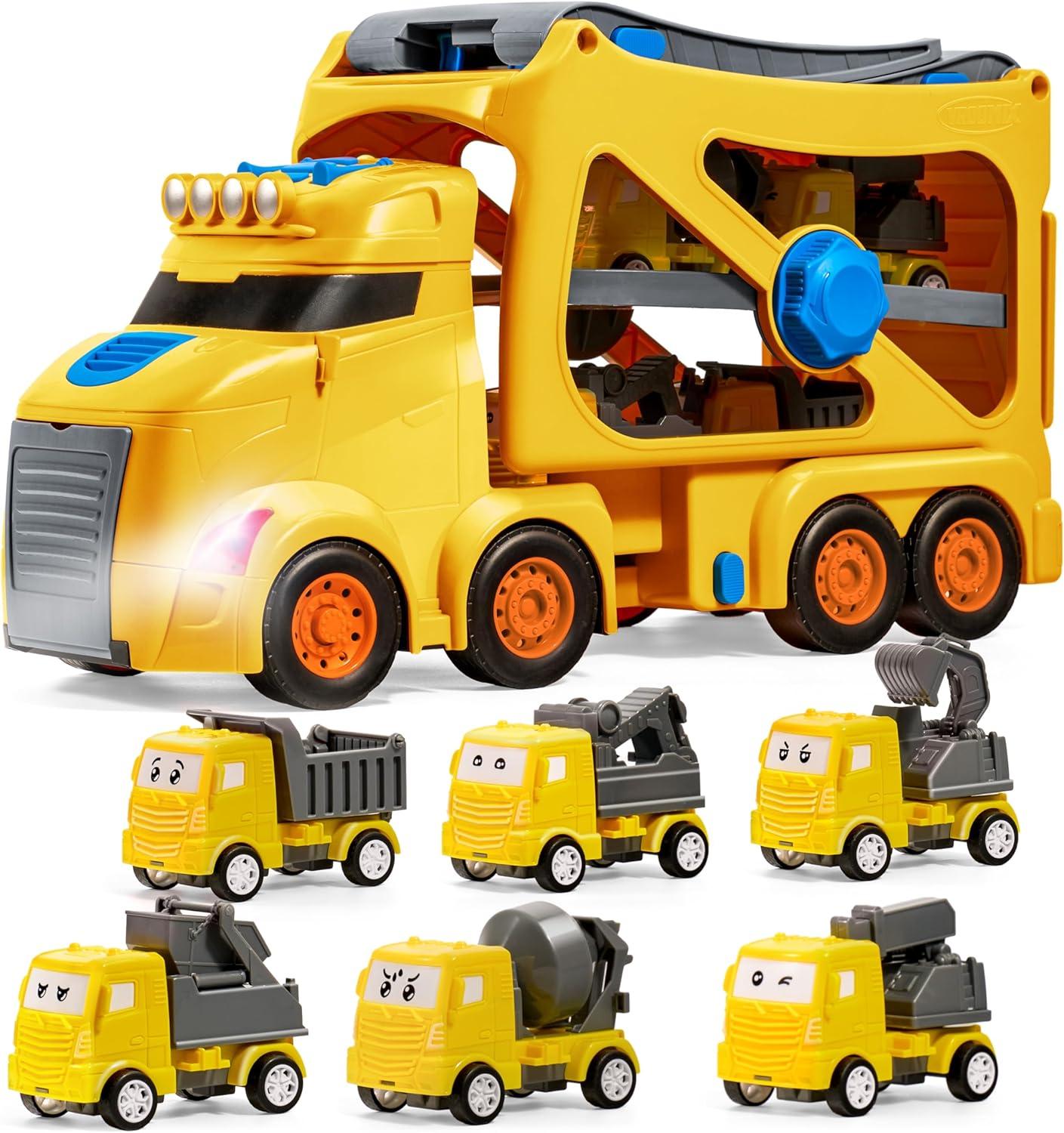 Extra Large Toy Cars for Toddlers, 3-Layer Construction Trucks for 2 3 4 Year Old Boys, 7-in-1 Big Transport Vehicle Carrier Truck with Siren & Lights and 6 Toy Cars, Birthday Gifts for Boys Kids
