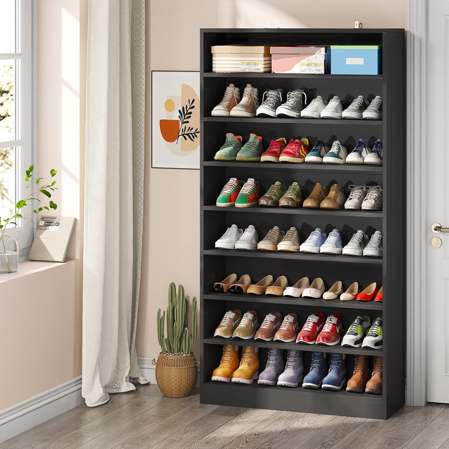 9 Tiers Shoe Cabinet 40-45 Pairs Heavy Duty Wood Freestanding Shoe Storage Cabinet with Open Storage for Entryway Black