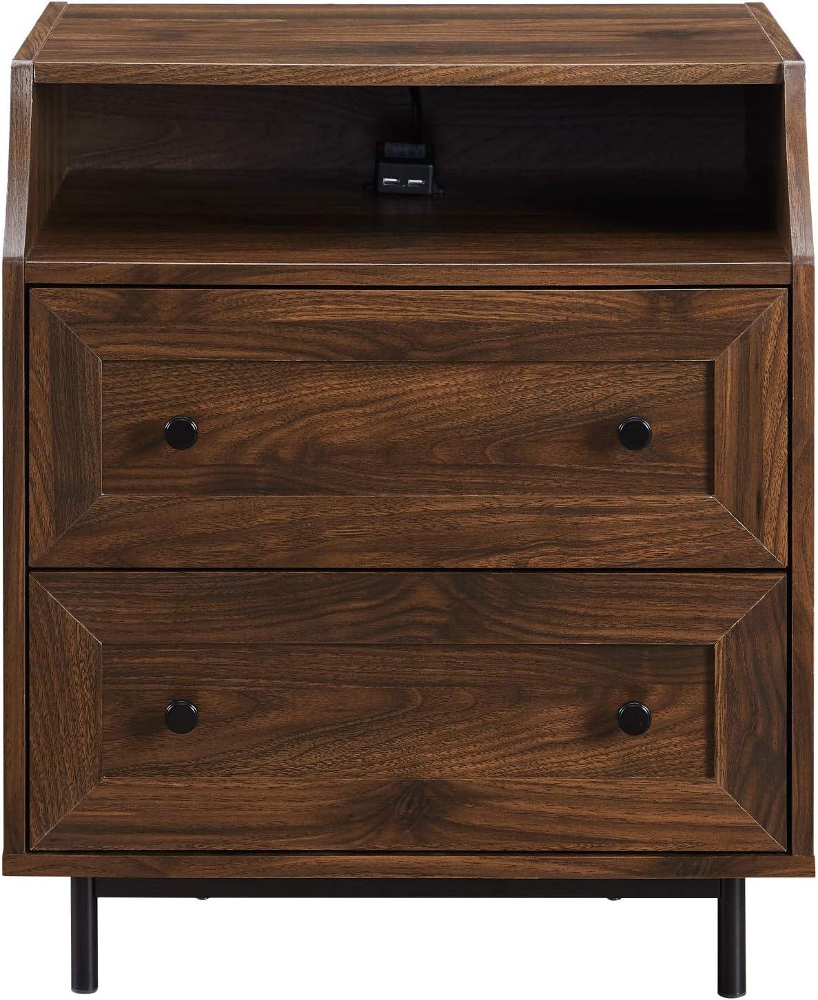 22" Curved Open Top 2-Drawer Bedroom Nightstand with USB in Dark Walnut