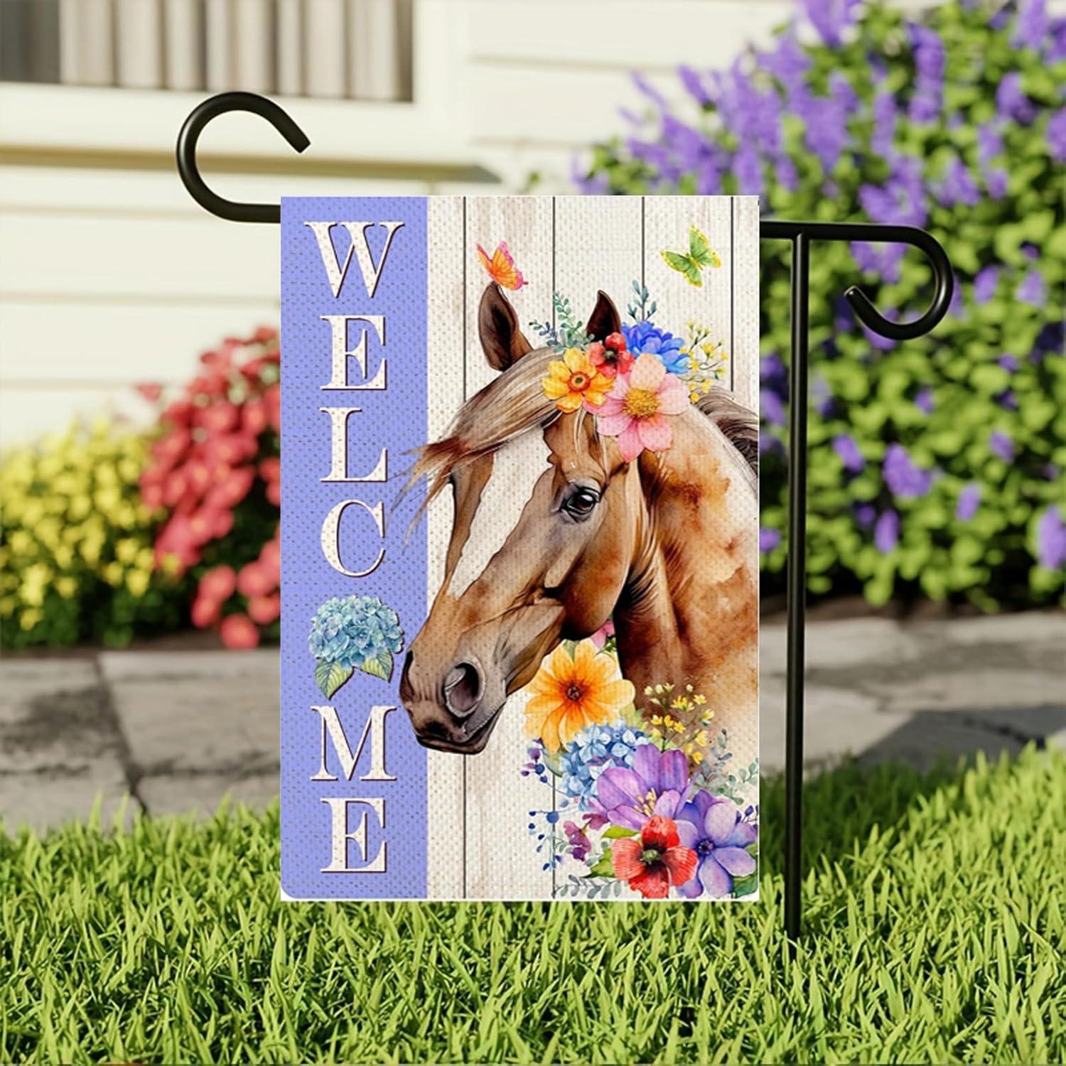 Spring Welcome Horse Garden Flag 12 x 18 inch Double Sided Outside decorations,Funny Cute Animal Small Garden Flags For Outdoor Yard Lawn