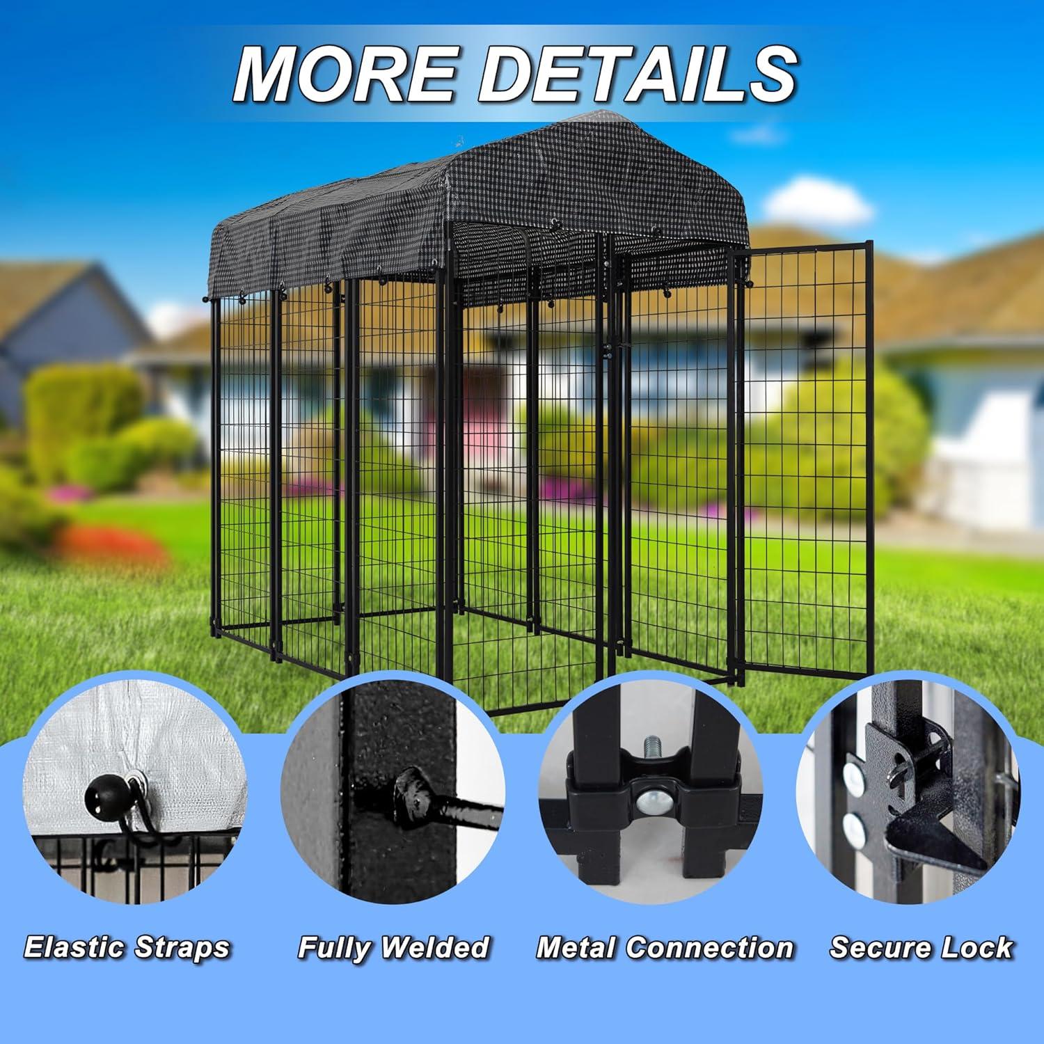 Large Black Metal Outdoor Dog Kennel with Roof Cover