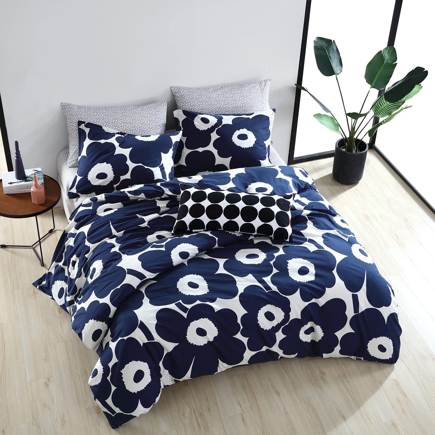 King Blue Floral Cotton Duvet Cover Set with Shams