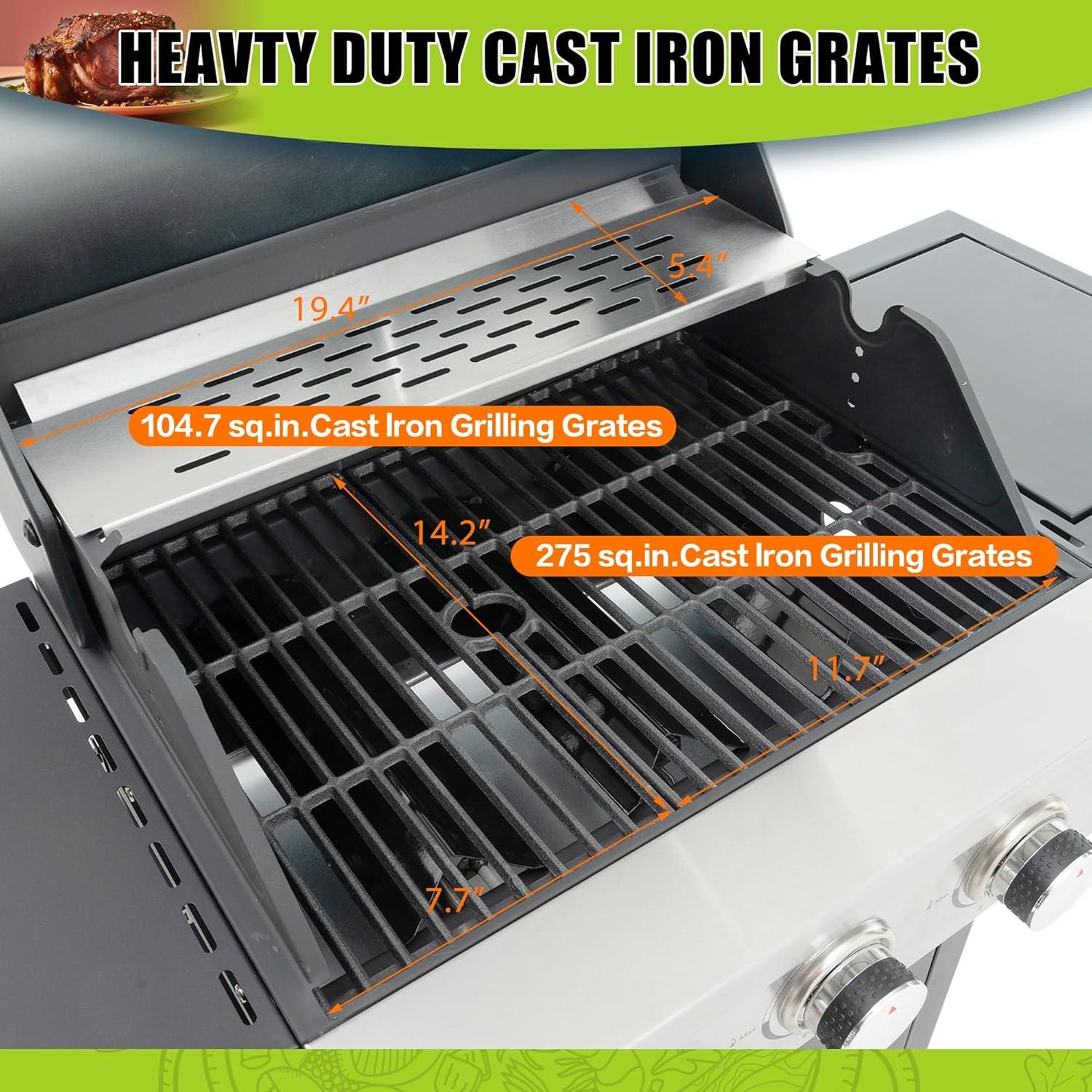 Propane Grill 3 Burner Stainless Steel BBQ Gas Grill with Side Burner, Thermometer, and Even Heating Cast Iron Grates for Outdoor BBQ and Camping