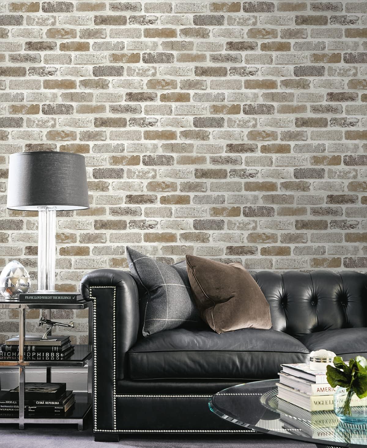 Tanned Leather & Pewter Faux Brick Peel and Stick Wallpaper