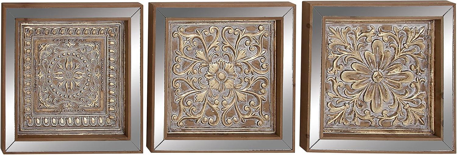 DecMode Gold Metal Embossed Floral Wall Decor with Mirrored Frames (3 Count)