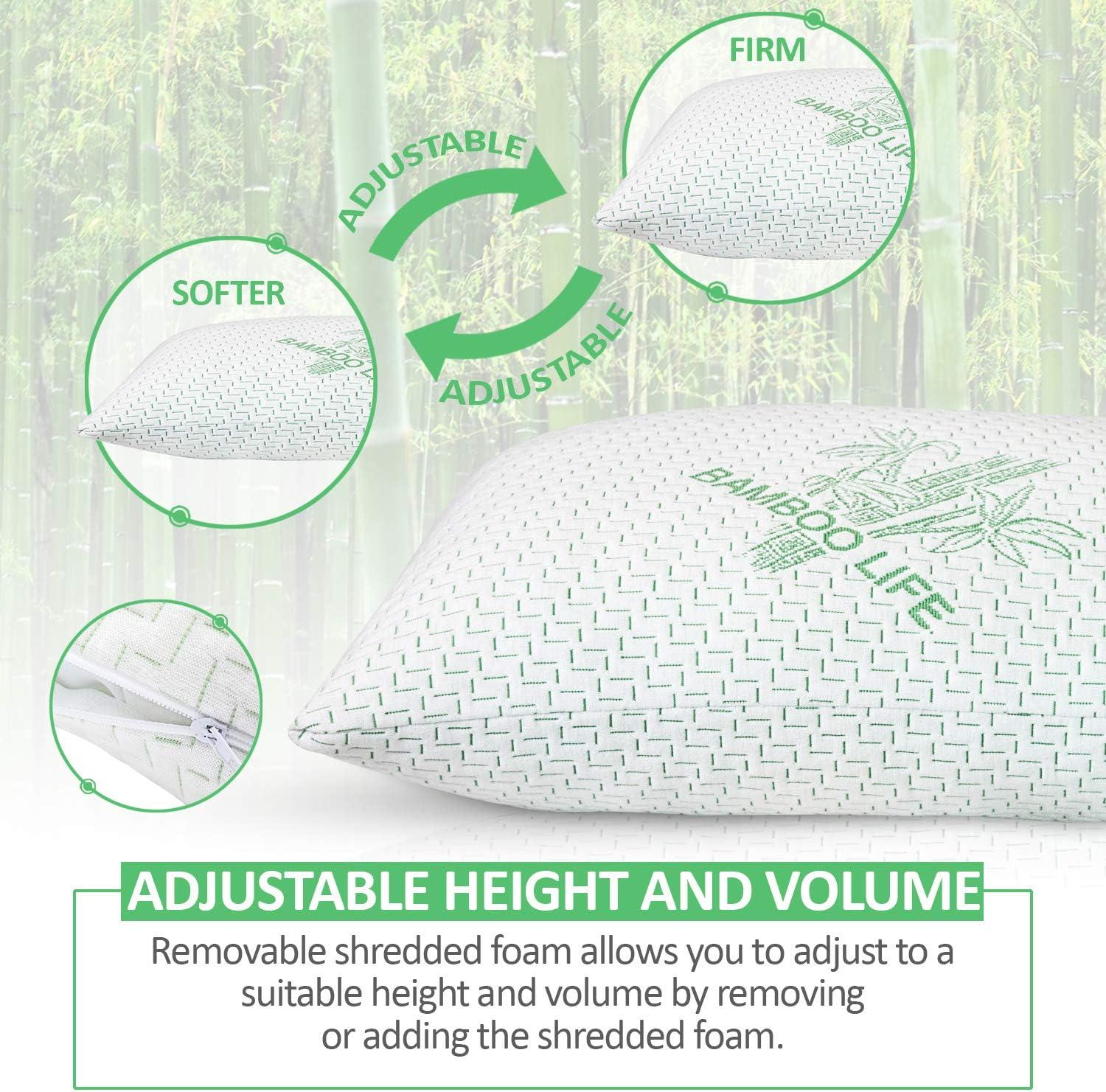 2 Pack King Size Bamboo Pillow, Memory Foam Bed Pillows with Washable Pillowcases, King (2 Pack)