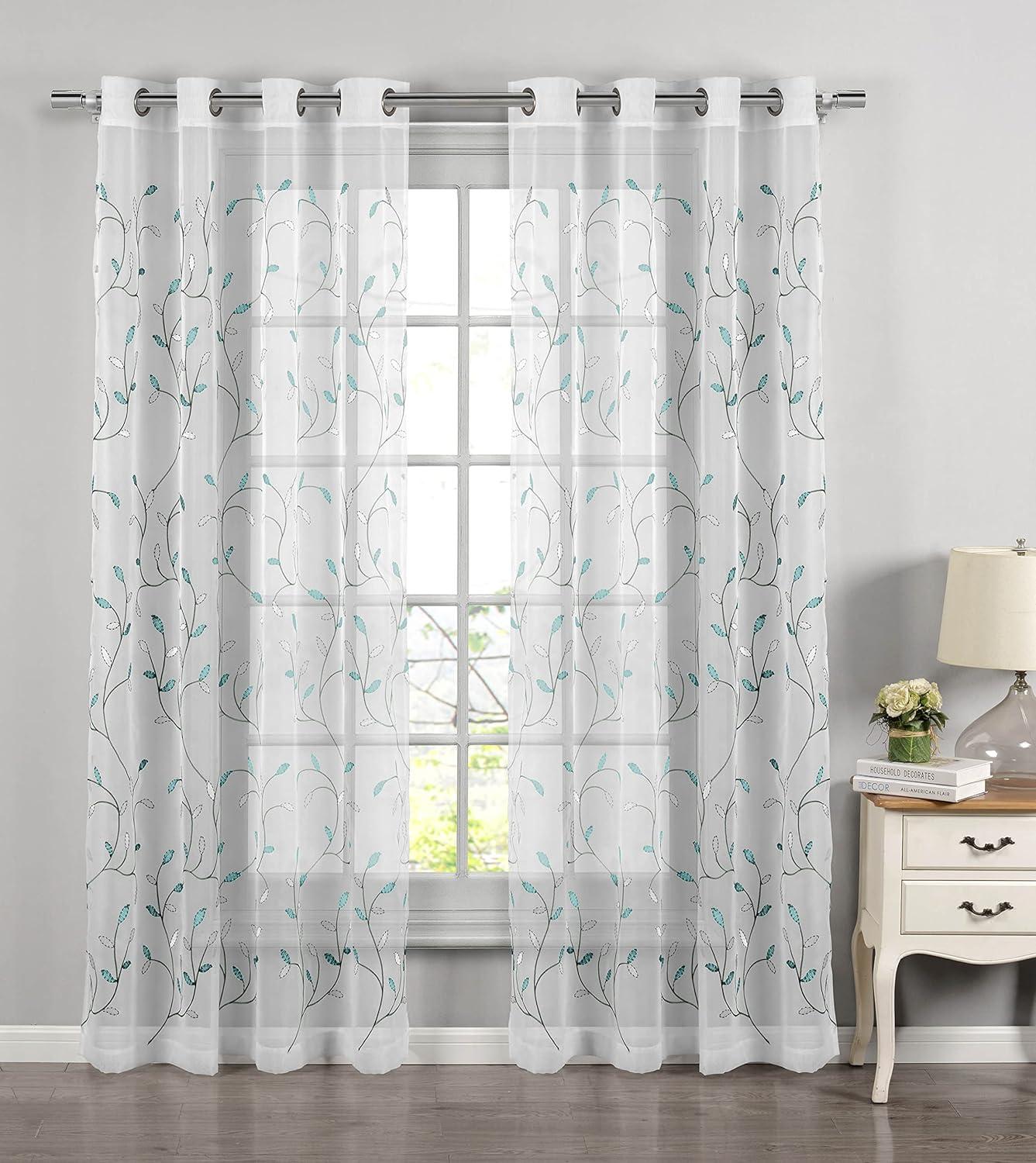 Grommet Curtain Panel, Embroidered Sheer Extra-Wide, Blue 54" x 84"