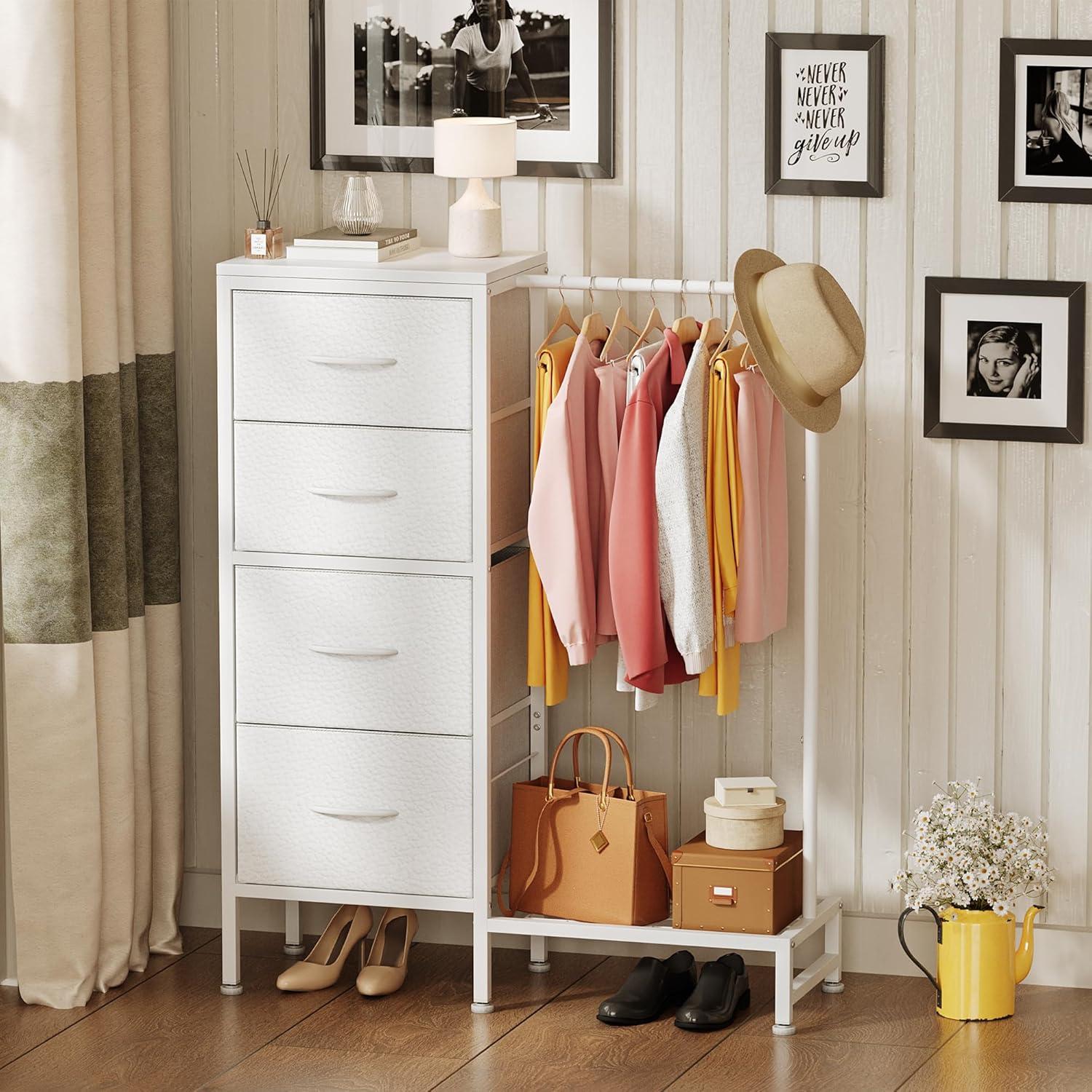 Dresser with Hanging Rack, 4 Drawers Small Closet for Bedroom, Reversible Fabric Chest of Drawers with Clothes Rack, Tall Storage Tower, Sturdy Frame, White, 44''H