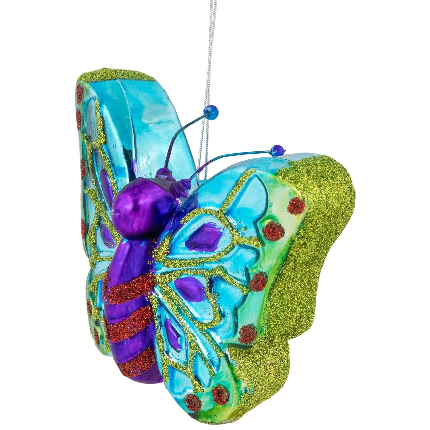 Northlight 4.5" Blue and Pink Butterfly Glass Christmas Ornament