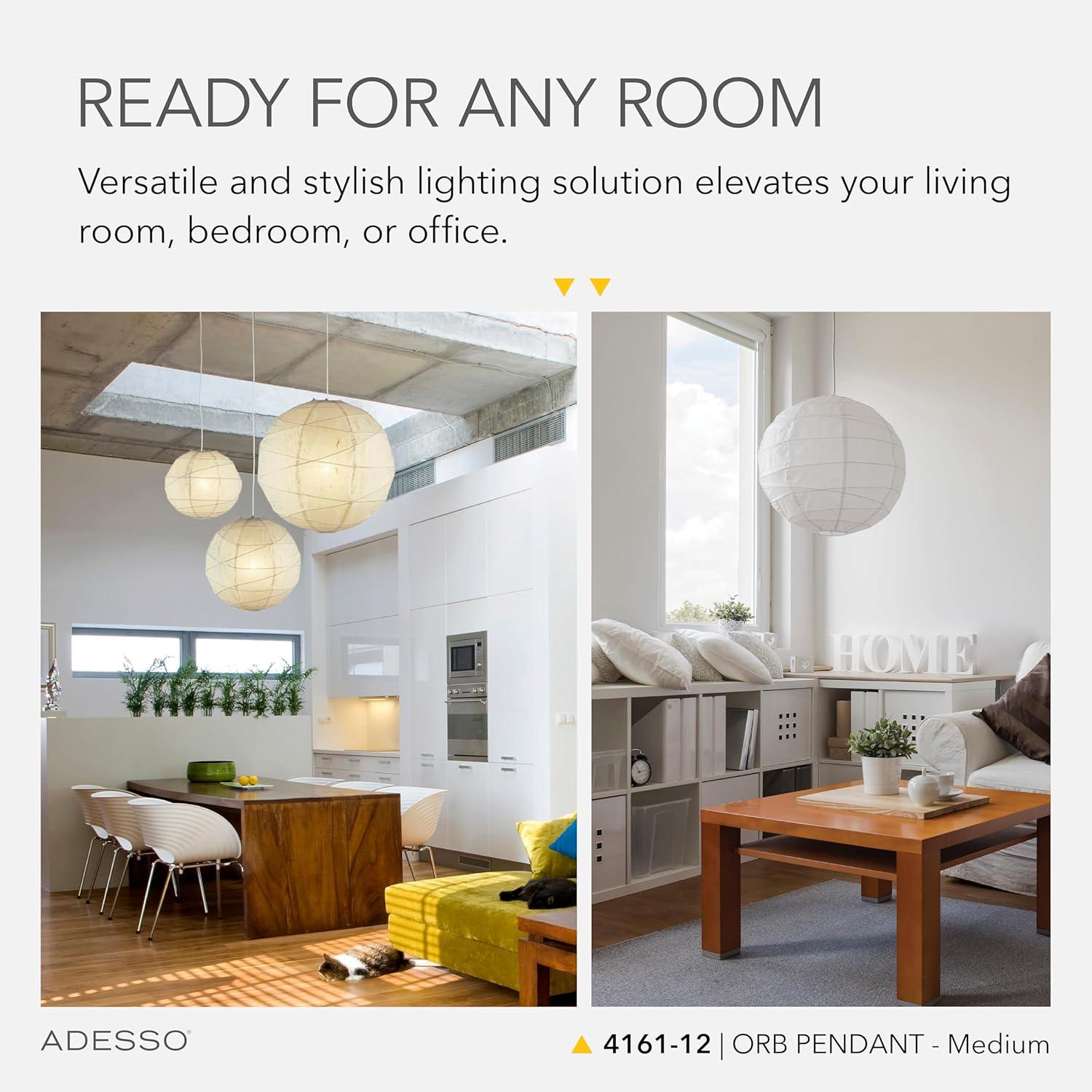 Orb Medium Pendant Natural - Adesso: Rice Paper Shade, 15-Foot Cord, ETL Listed