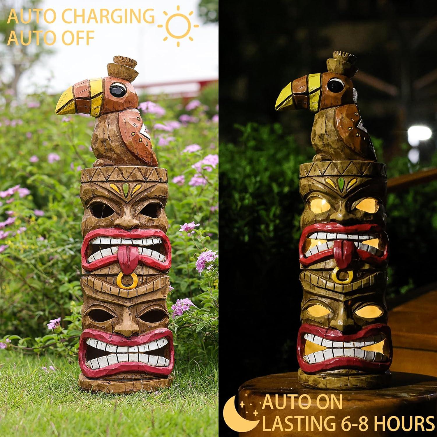 Handmade Painted Double Tiki Totem & Woodpecker Solar Light