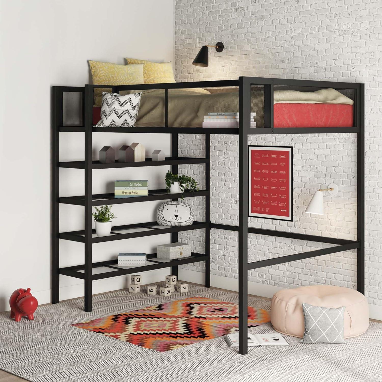 Twin Black Metal Loft Bed with Bookcase and Slats