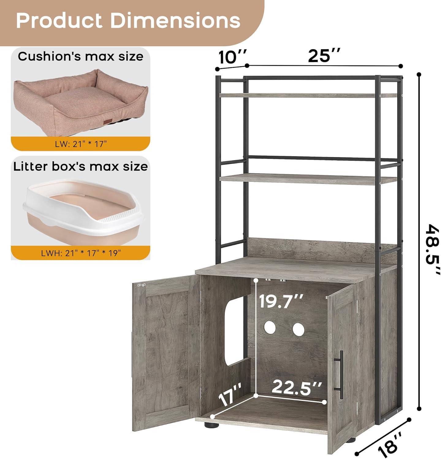 Garvee Cat Litter Box Enclosure with Shelf Storage, 2-in-1 Hidden Cat Washroom Furniture, Hidden Cat Box Enclosure with 3 Shelves and Door, Grey