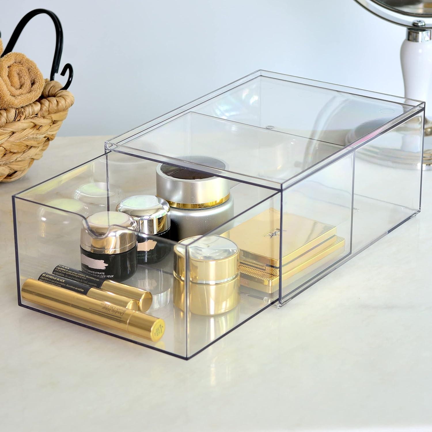 Youngever 2 Pack Stackable Makeup Organizer Drawers, 9" x 6.5" x 4 Clear Cosmetic Storage Organizers