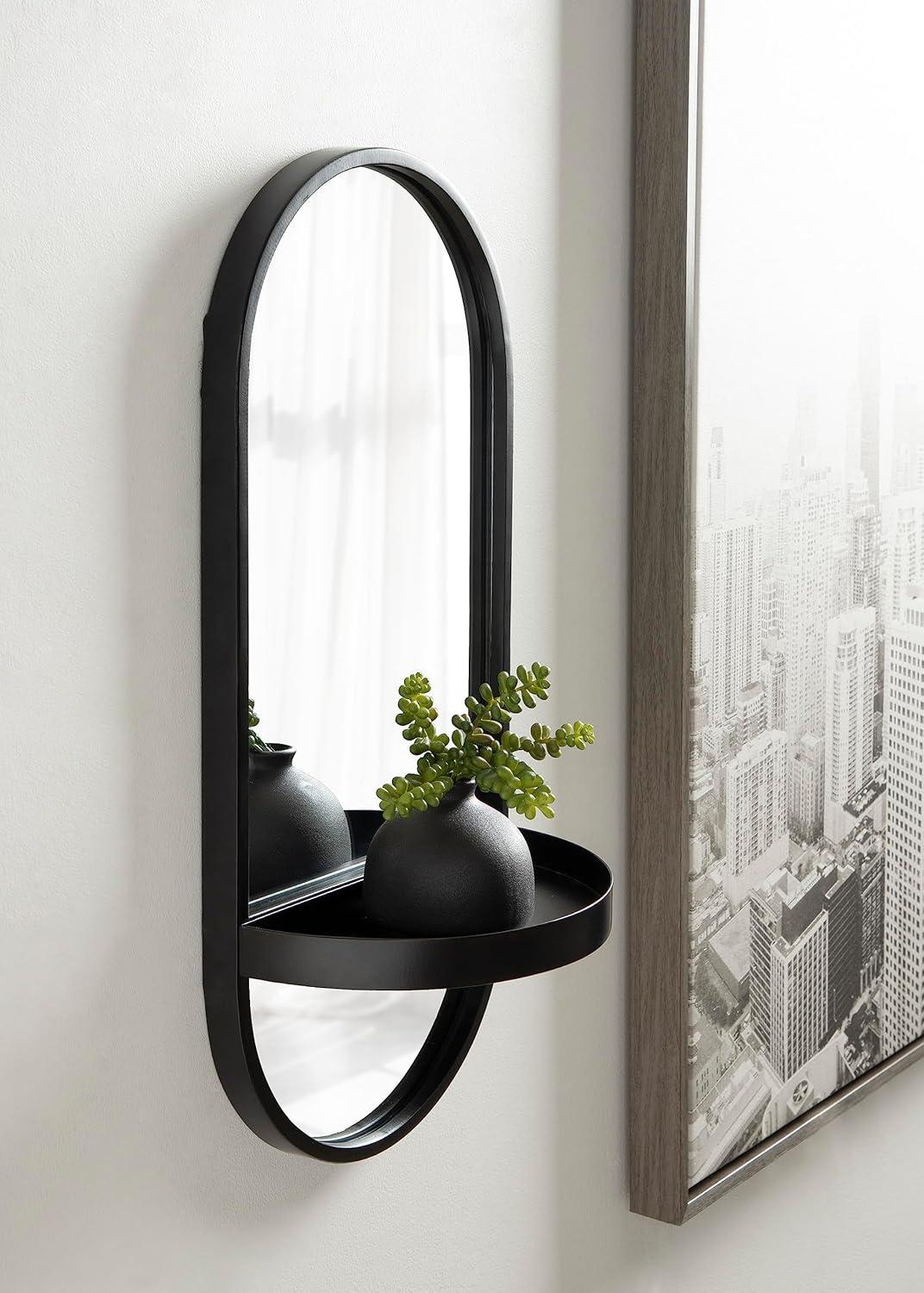 11"x25" Estero KD Metal Wall Mirror with Shelf Black - Kate & Laurel All Things Decor: Oval, Mid-Century Modern