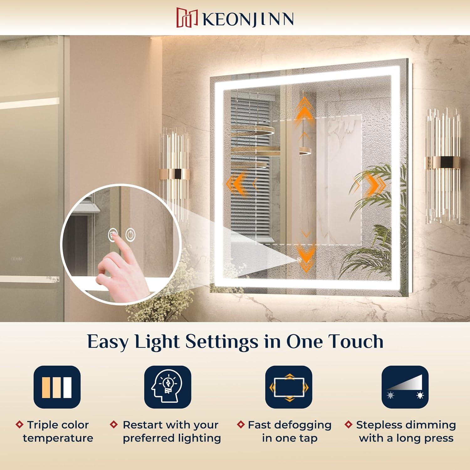 Keonjinn LED Bathroom Vanity Mirror, Front Light & Backlit, 3 Color Temperatures, Anti Fog, Double Lights Strips, 24"x32"