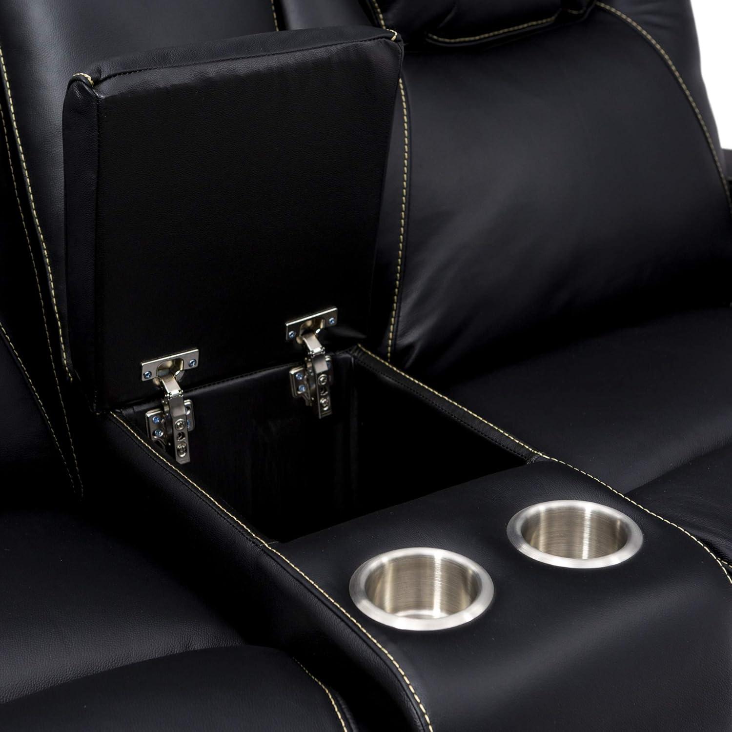 Black Leather Reclining Sofa with Cup Holders and USB Charging