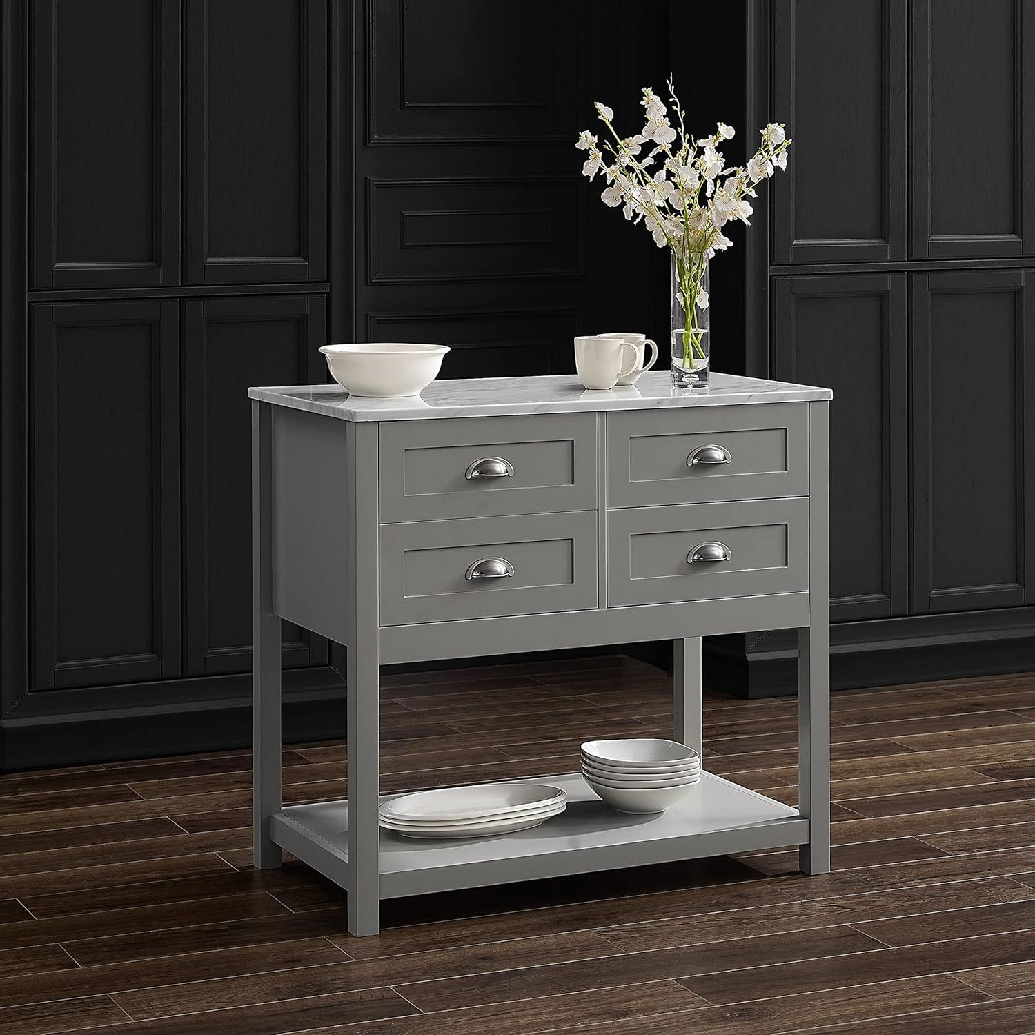 Connell Kitchen Island Cart Gray/White Marble - Crosley: Mobile Storage, 4 Drawers, Open Shelf, Locking Wheels