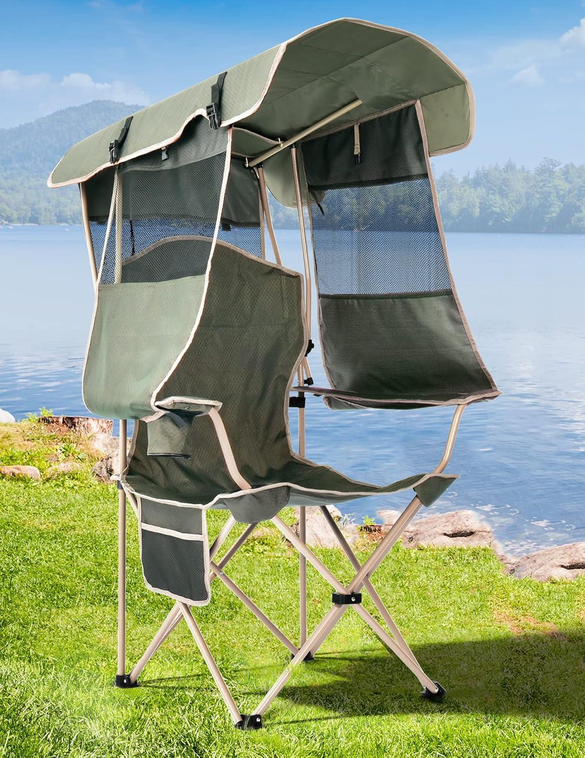 Folding Camping Chair with Shade Canopy for Adults, Canopy Chair for Outdoors Sports with Cup Holder, Side Pocket for Camp, Beach, Tailgates, Fishing