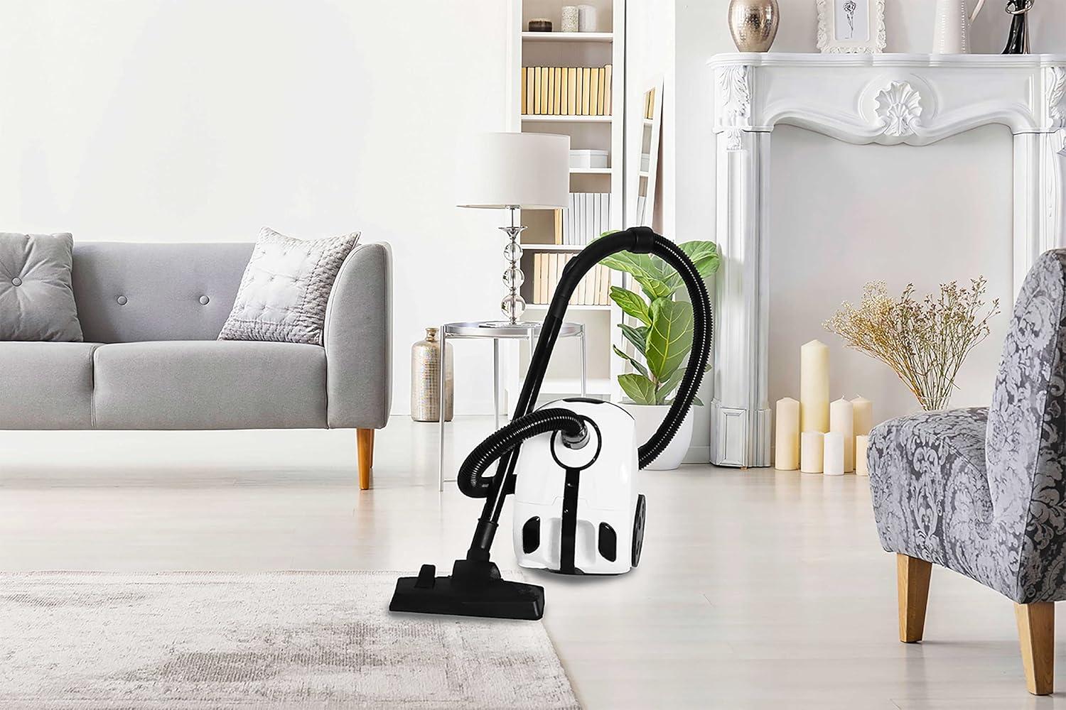 Impecca Lightweight Bagged Canister Vacuum Cleaner for Carpets, Rugs, Hard Floors, Upholstery, etc W/Powerful 1000W Motor, 2L Dust Capacity, Includes 6 Cleaning Tools + 3 Bags - White