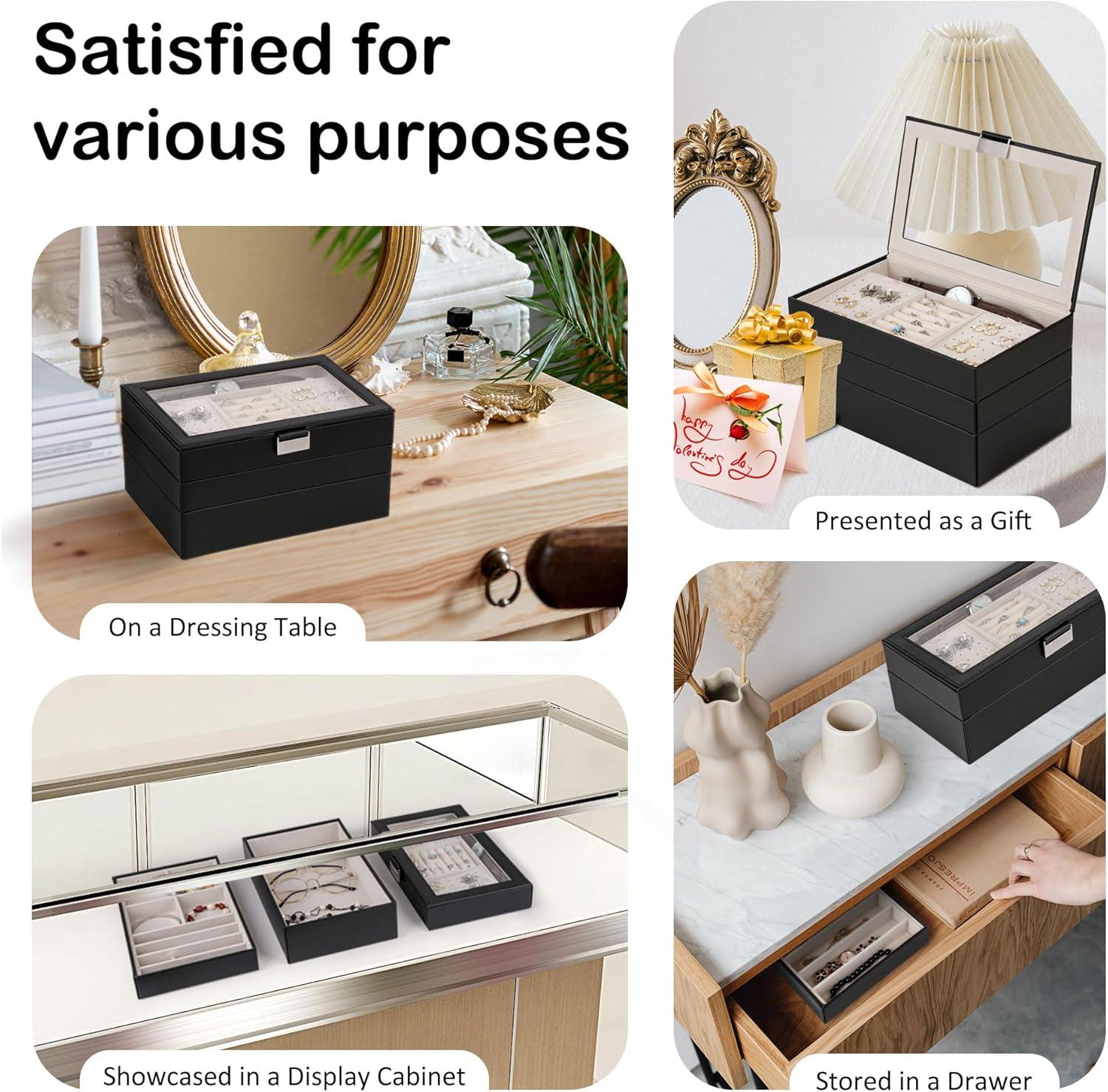 Latitude Run® Stackable Jewelry Trays, 4-Tier Jewelry Box, Drawer Jewelry Organizer, With Glass Lid, Removable Dividers, For Vanity Table, 6.7 X 11 X 7.2 Inches, Cloud White