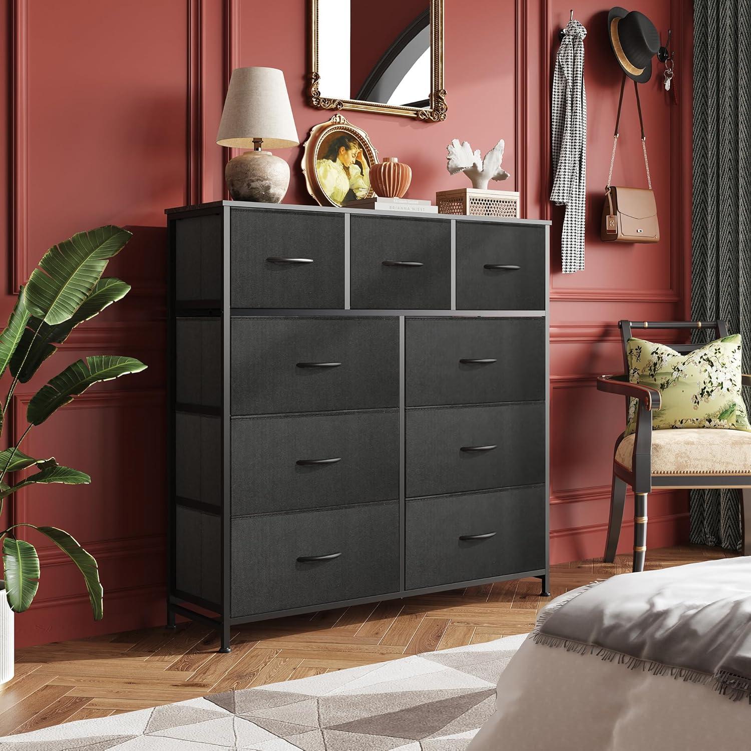 DUMOS Dresser for Bedroom, Storage Organizer with 9 Drawers, Chest of Drawers with Fabric Bins, Sturdy Metal Frame, Wood Tabletop for Guest Room, Closet, Entryway, Nursery