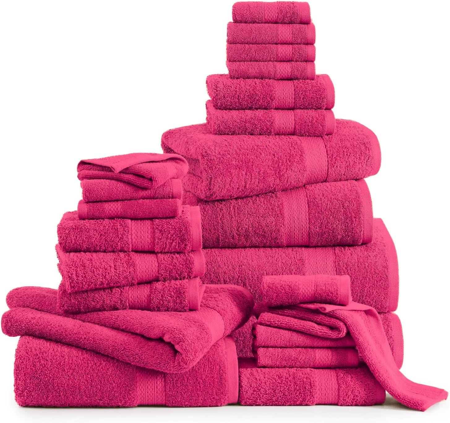 LANE LINEN 100% Cotton Bathroom Towel Set - 24 Pcs - Ring Spun, Super Soft & Highly Absorbent - 2 Bath Sheets, 4 Fingertip, 4 Bath, 6 Hand Towels, 8 Washcloths - Wide Variety of Colours - Fuchsia
