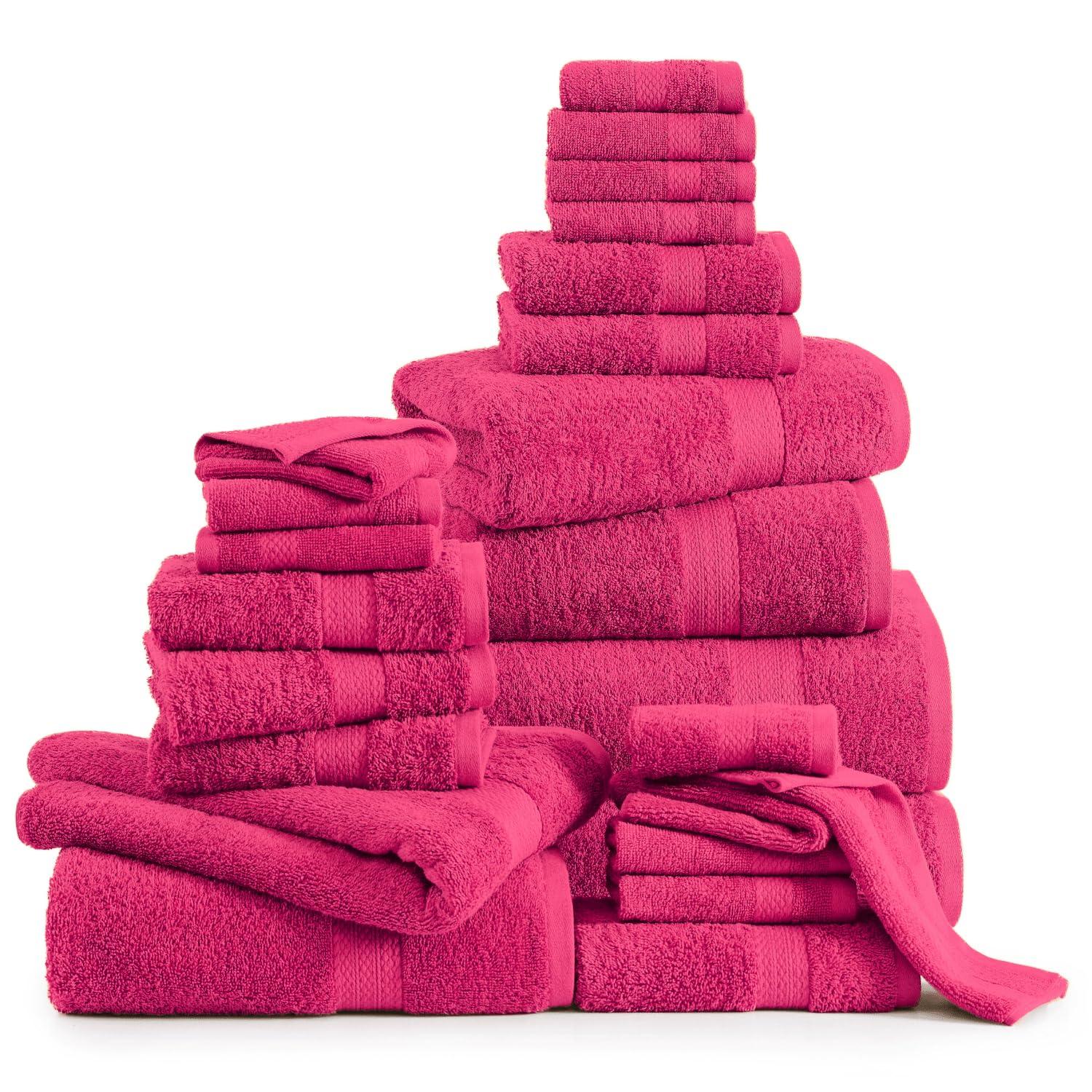 LANE LINEN 100% Cotton Bathroom Towel Set - 24 Pcs - Ring Spun, Super Soft & Highly Absorbent - 2 Bath Sheets, 4 Fingertip, 4 Bath, 6 Hand Towels, 8 Washcloths - Wide Variety of Colours - Fuchsia