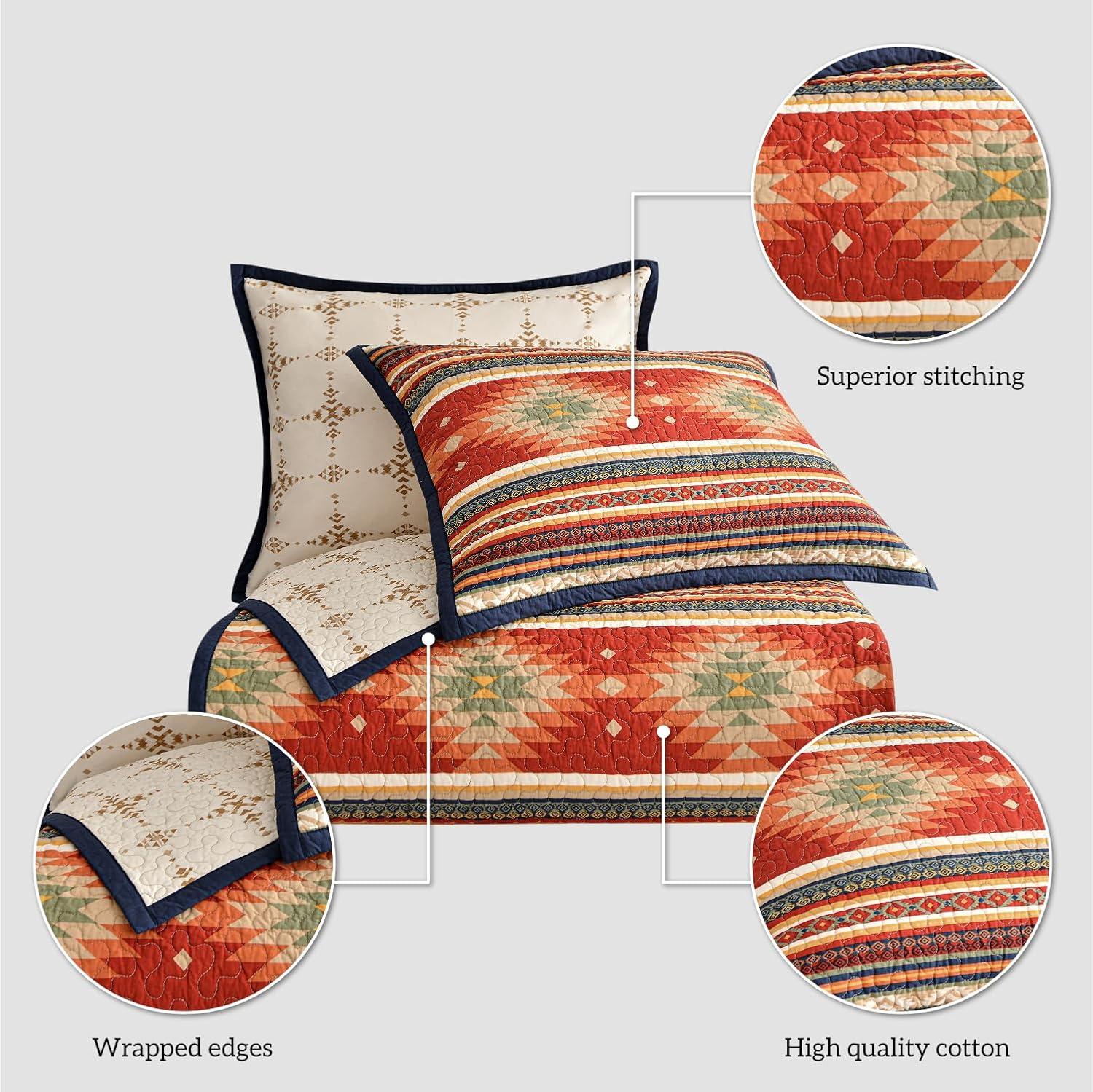 Paseo Road by HiEnd Accents Del Sol Red/Orange/Tan Aztec Print Cotton Southwestern Style Reversible Quilt Set