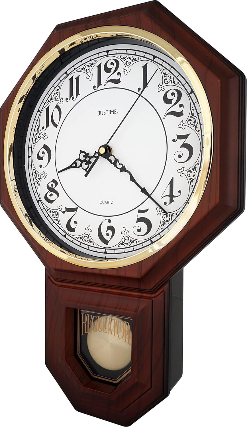 JUSTIME Traditional Schoolhouse Classic Vintage Arabic Regulator Wall Clock, Chiming Wall Clocks with Pendulum & Westminster Chime Hourly, Schoolhouse Wall Decor Battery Operated (Dark Wood Grain)