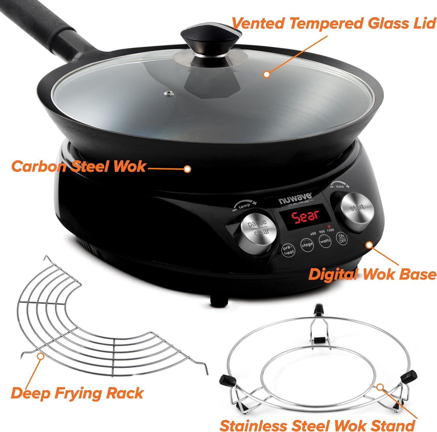 NuWave 14-Inch Black Carbon Steel Induction Wok with Glass Lid