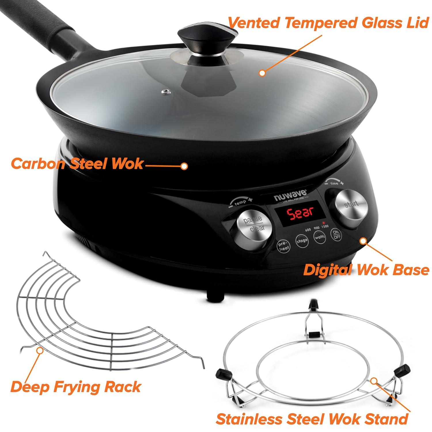 NuWave 14-Inch Black Carbon Steel Induction Wok with Glass Lid