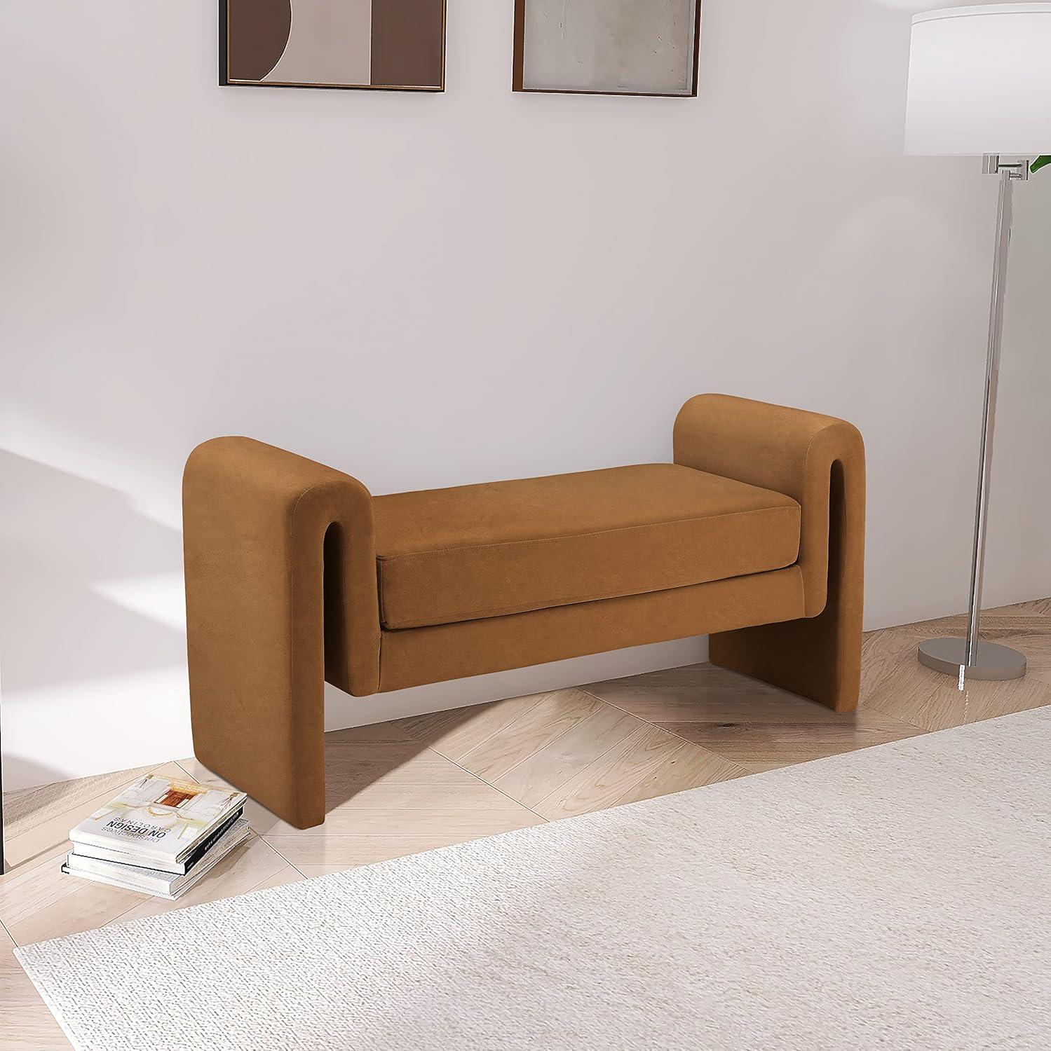 Saddle Velvet Upholstered Bench with Curved Arms