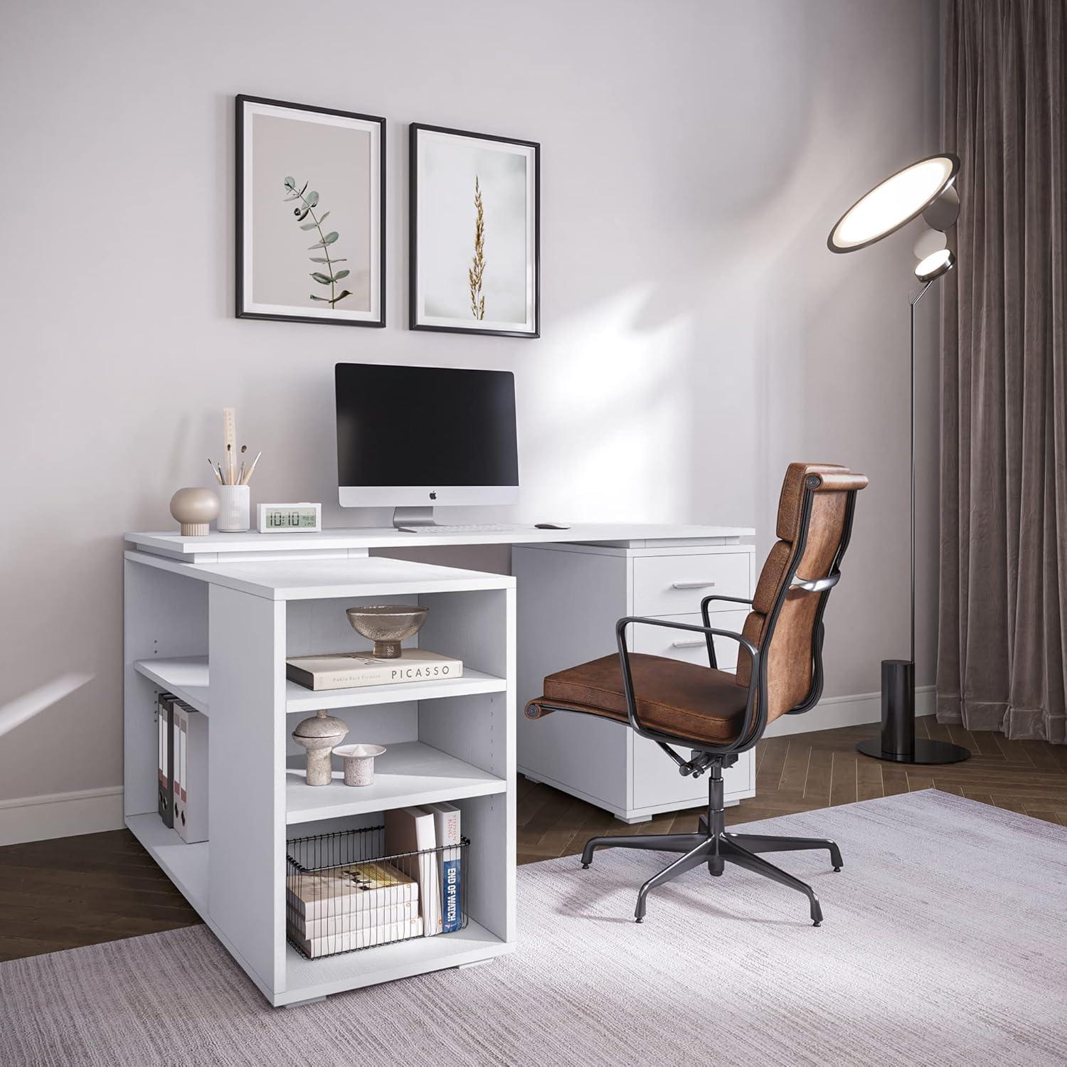 BELLEZE Trition L Shaped Computer Desk Home Office Corner Desk With Open Shelves And Drawers, White