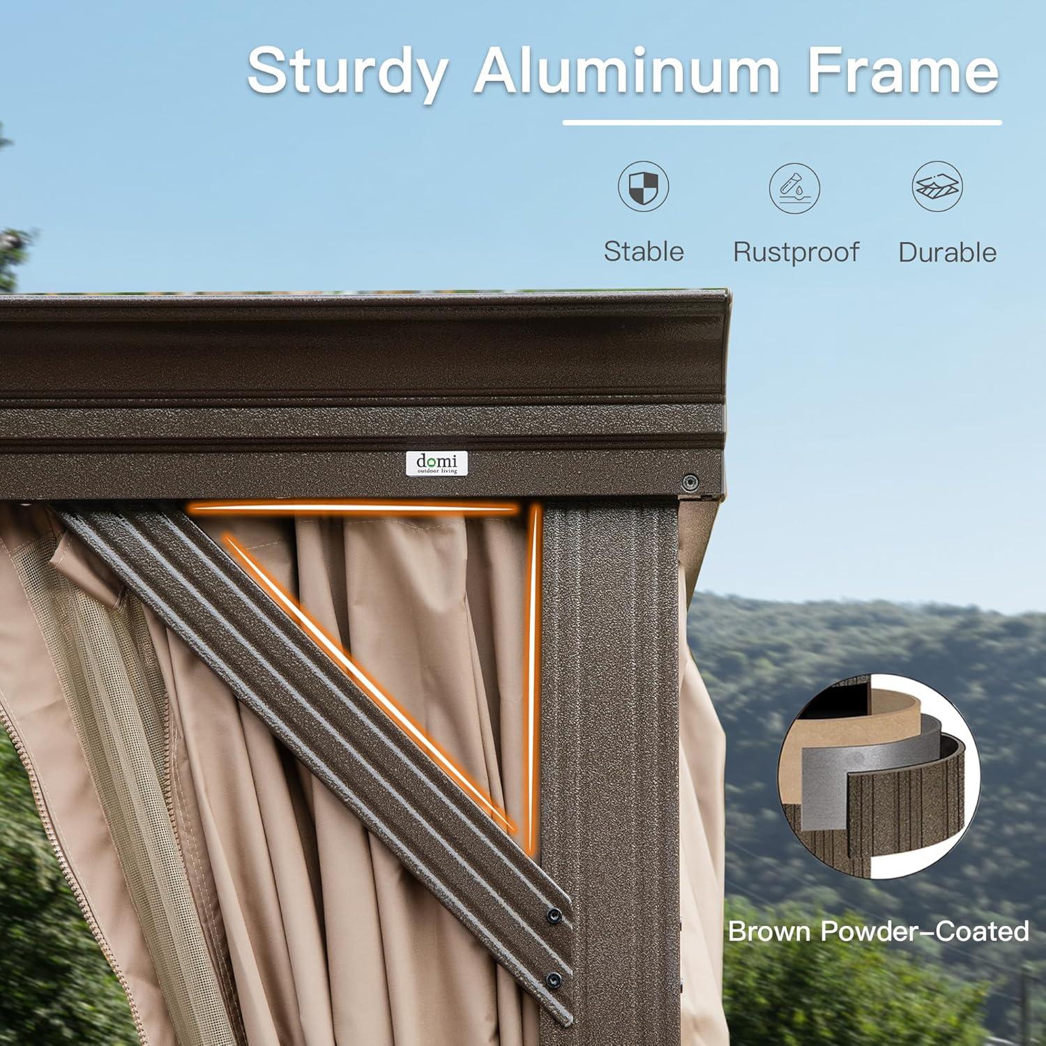 Domi 10x12FT Lean to Gazebo, Hardtop Wall Mounted Gazebo with Sloping Galvanized Steel Roof, Wall Pergola with Aluminum Frame, Curtains and Netting, for Patio, Deck, Garden, Backyard