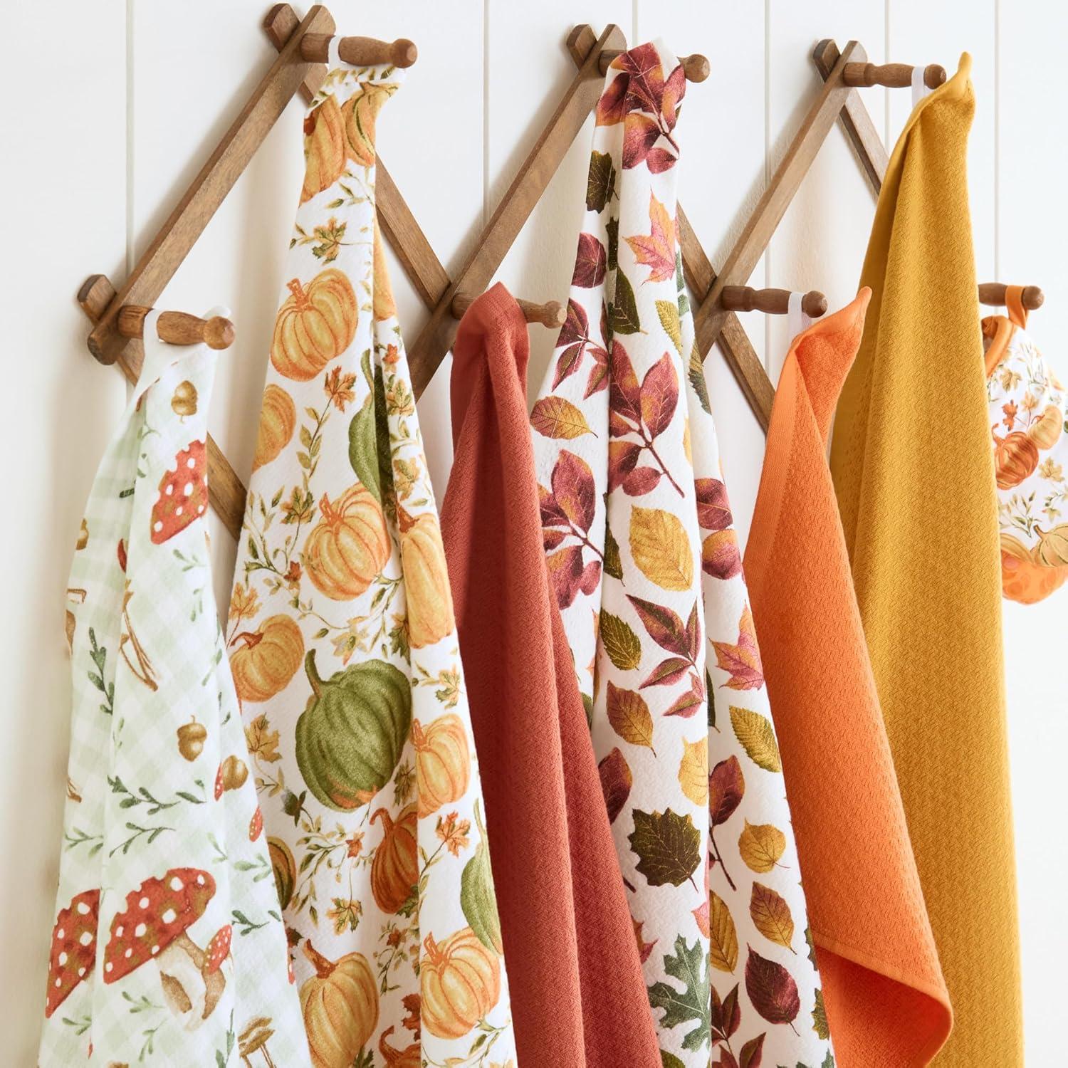 MARTHA STEWART Autumn Harvest Falling Leaves Kitchen Towel 3-Pack Set, 100% Cotton with Absorbent Terrycloth, Decorative Kitchen Towels, Tan/Red/Green, 16"x28"