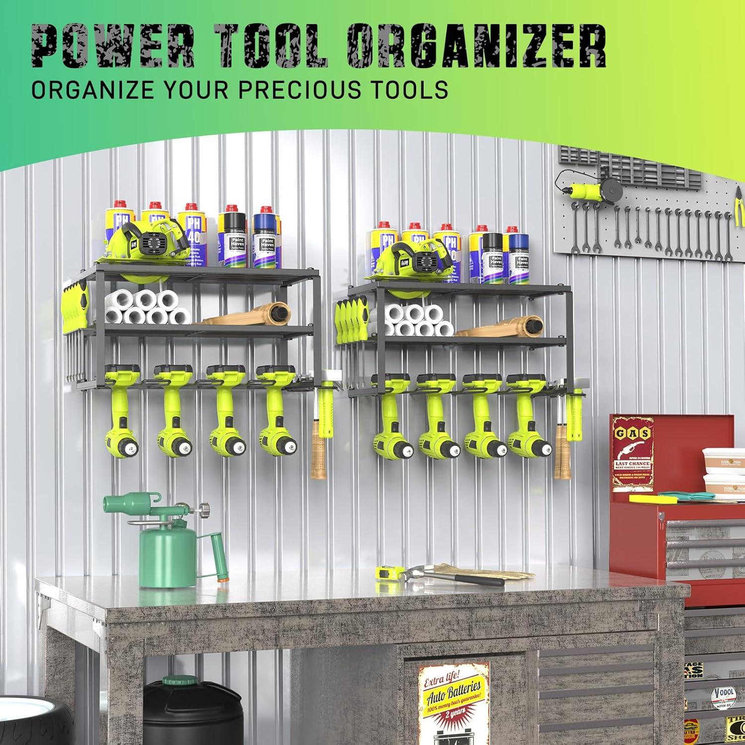 Power Tool Organizer, Heavy Duty Iron, 3 Layers Storage Rack with 4 Drill Holders, Floating Tool Shelf Wall Mounted, Matte Black, Work Shop, Garage, 150Lbs Load Capacity