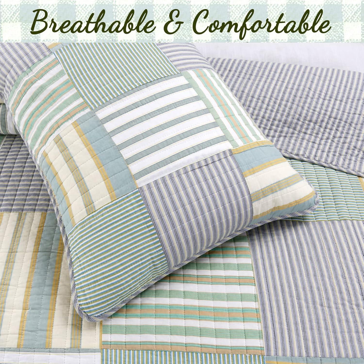 Cozy Line Home Fashions Green Yellow Blue Plaid Striped Real Patchwork 100% Cotton, Reversible Coverlet, Bedspread, Quilt Bedding Set (Green Patchwork, King - 3 Piece)